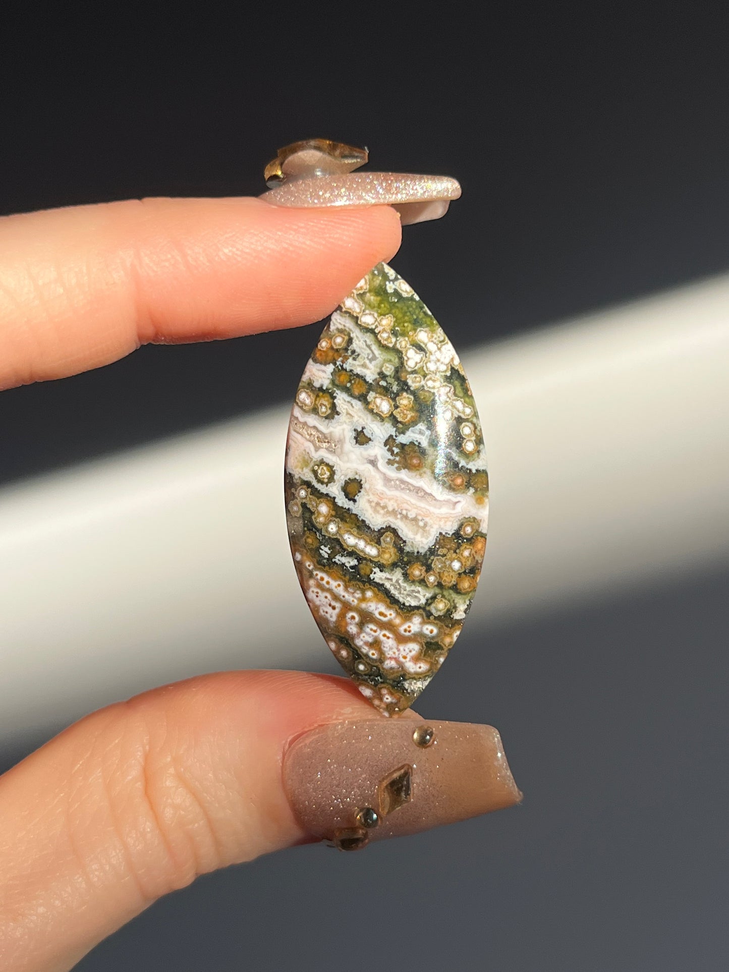Indonesian Orbicular Jasper Pointed Ellipse Cabochons (You Choose)