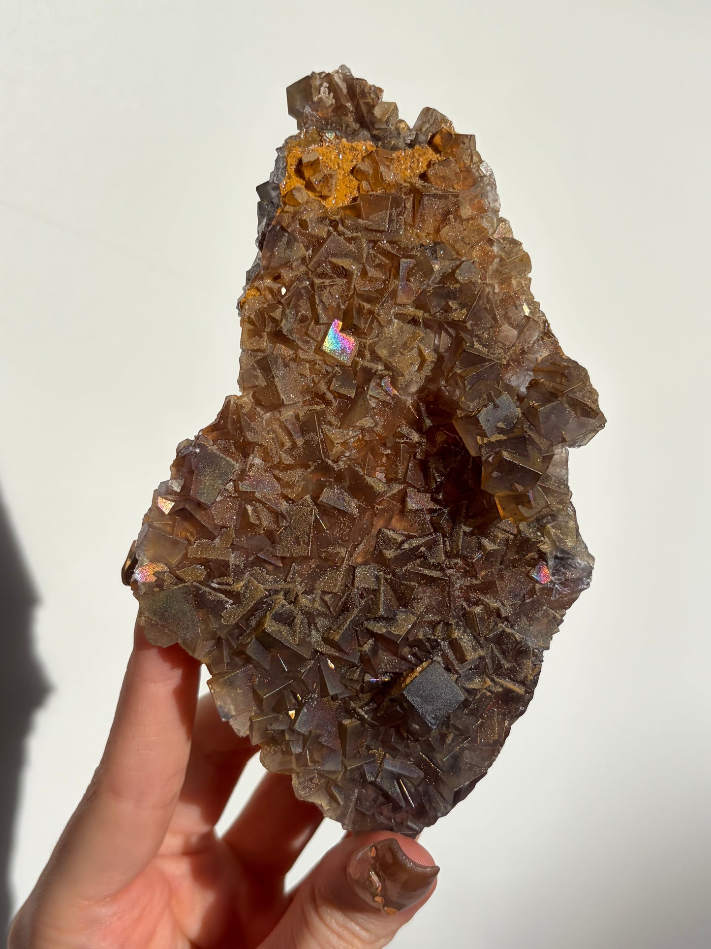 Druzy Coated Iridescent Fluorite Specimen with Calcite D
