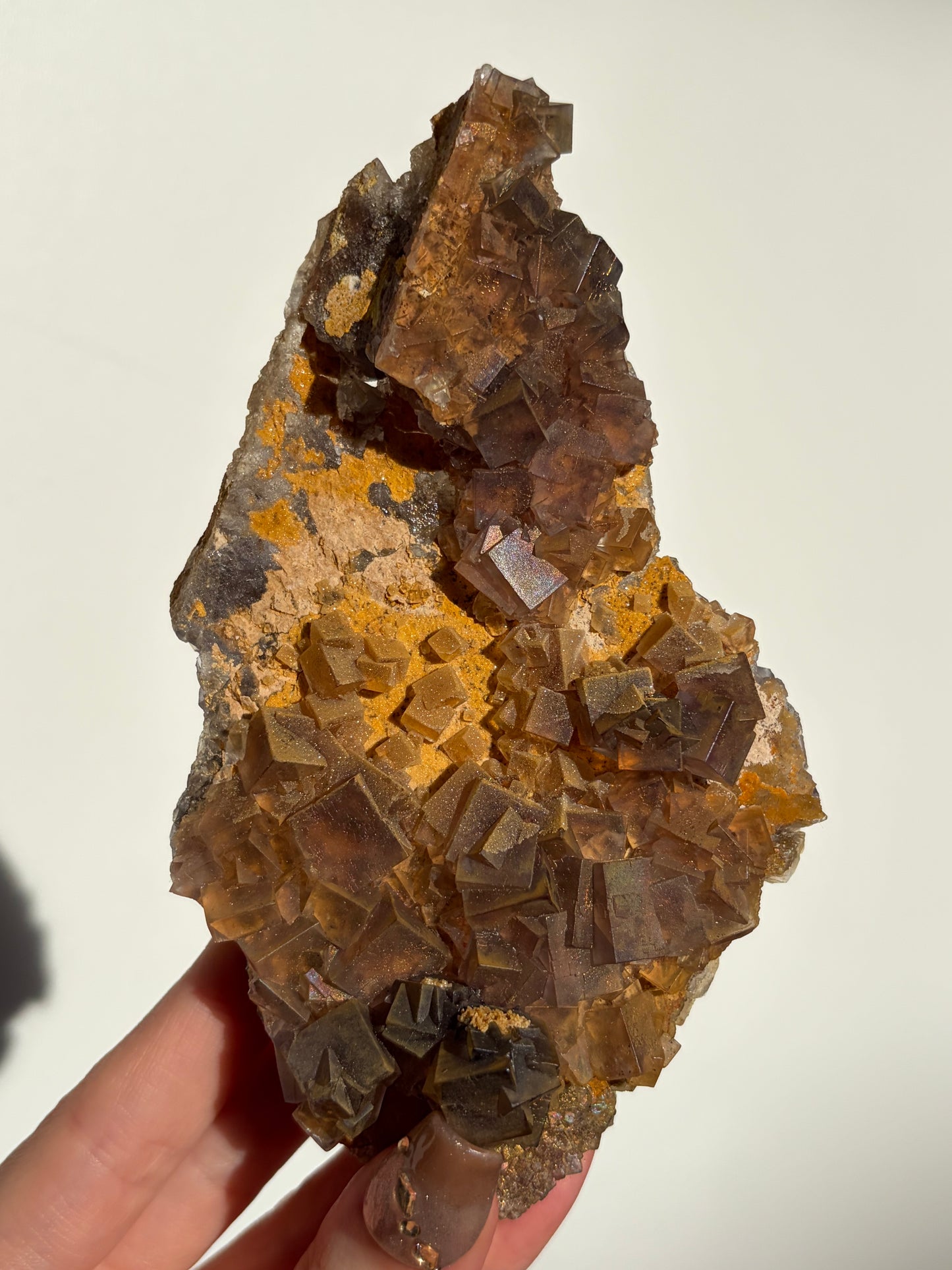 Druzy Coated Iridescent Fluorite Specimen with Calcite D