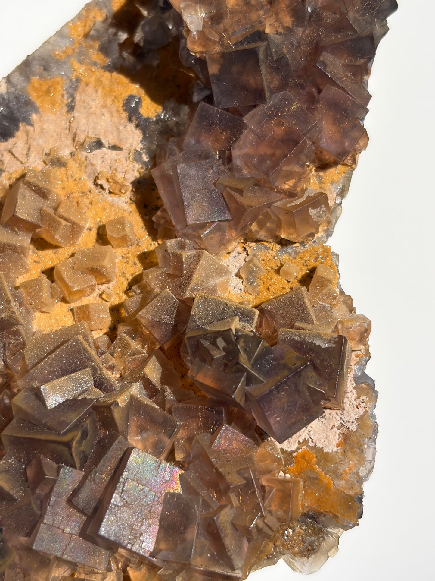 Druzy Coated Iridescent Fluorite Specimen with Calcite D