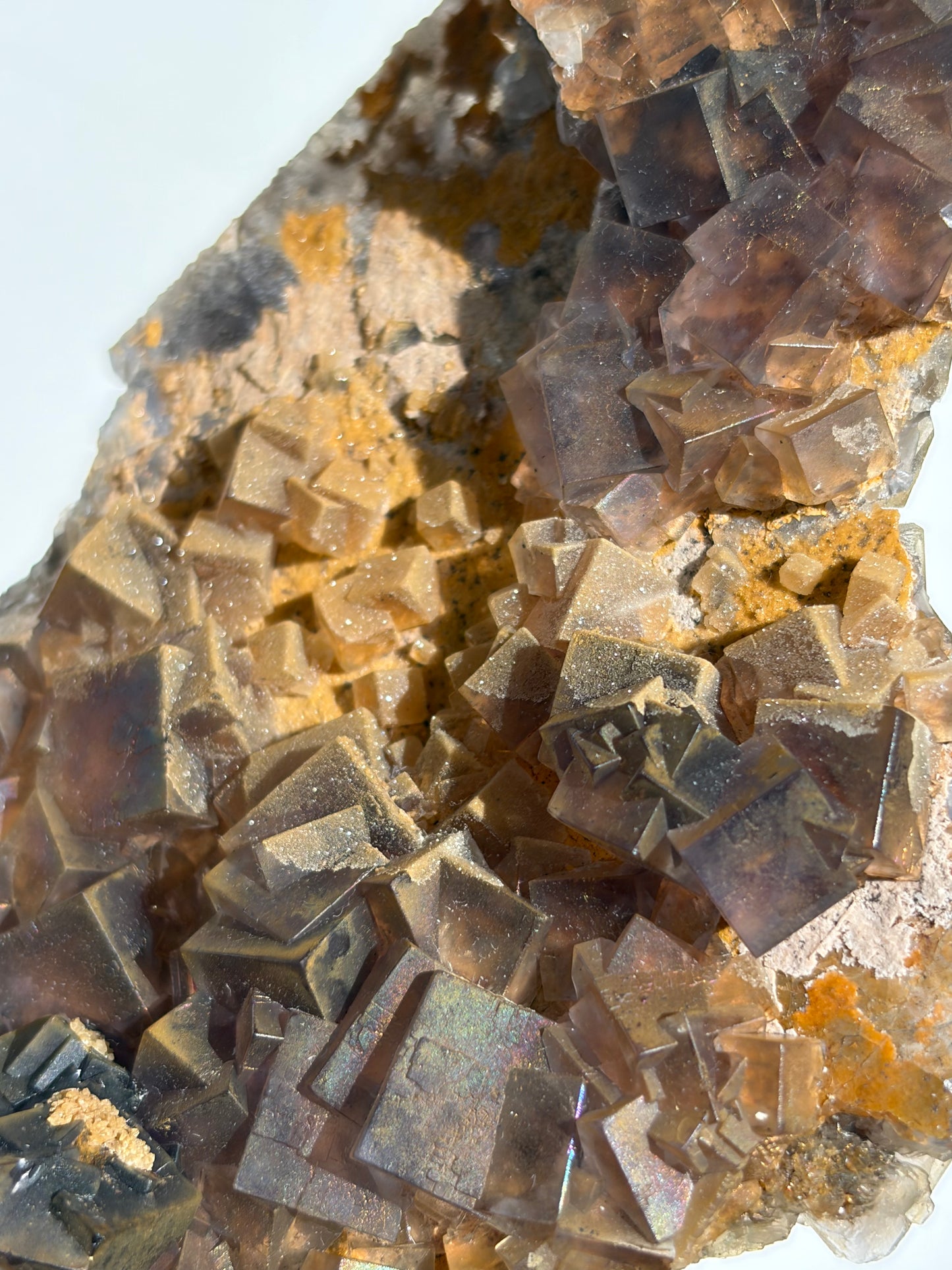 Druzy Coated Iridescent Fluorite Specimen with Calcite D