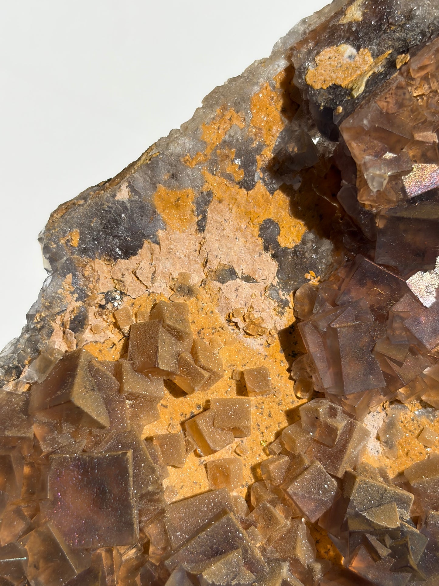 Druzy Coated Iridescent Fluorite Specimen with Calcite D