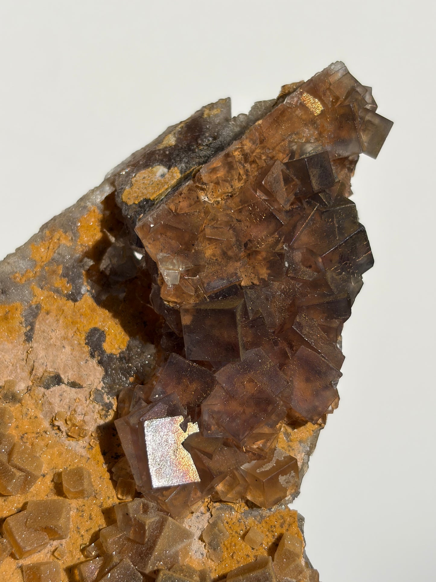 Druzy Coated Iridescent Fluorite Specimen with Calcite D