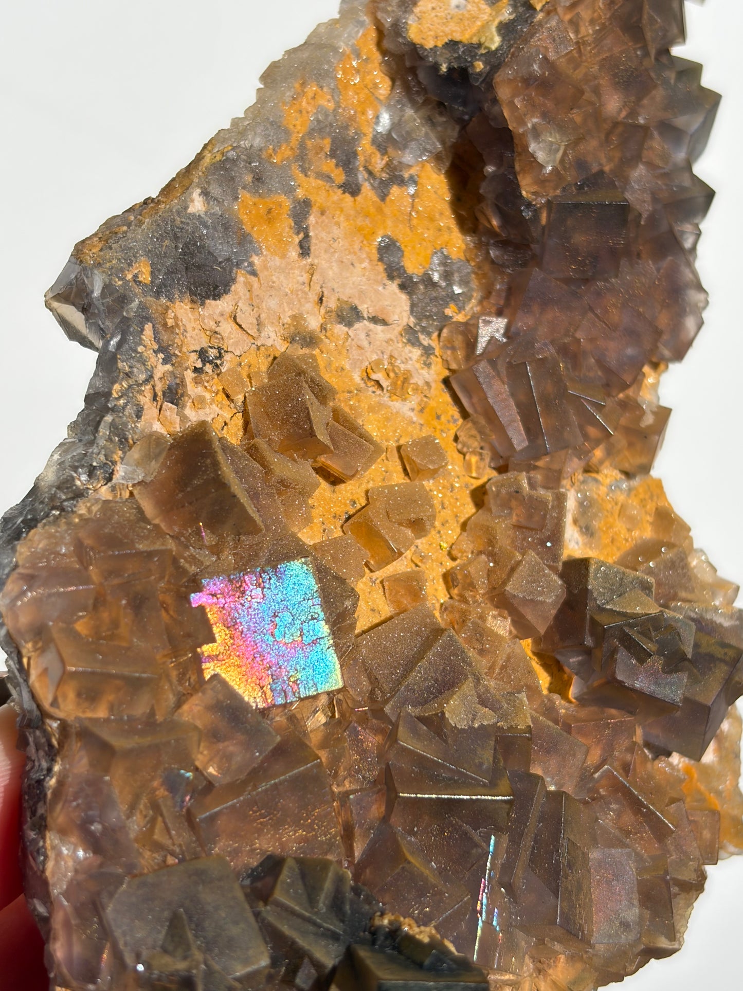 Druzy Coated Iridescent Fluorite Specimen with Calcite D