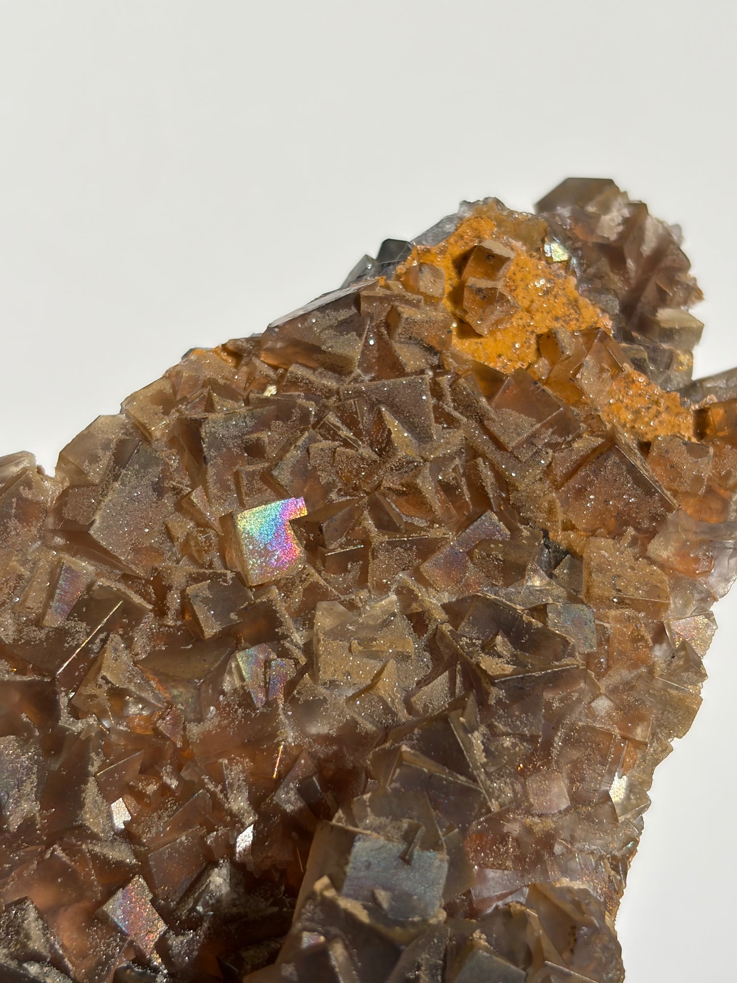 Druzy Coated Iridescent Fluorite Specimen with Calcite D