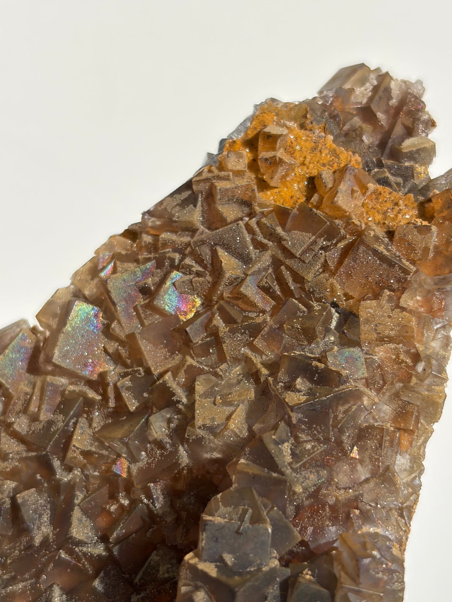 Druzy Coated Iridescent Fluorite Specimen with Calcite D