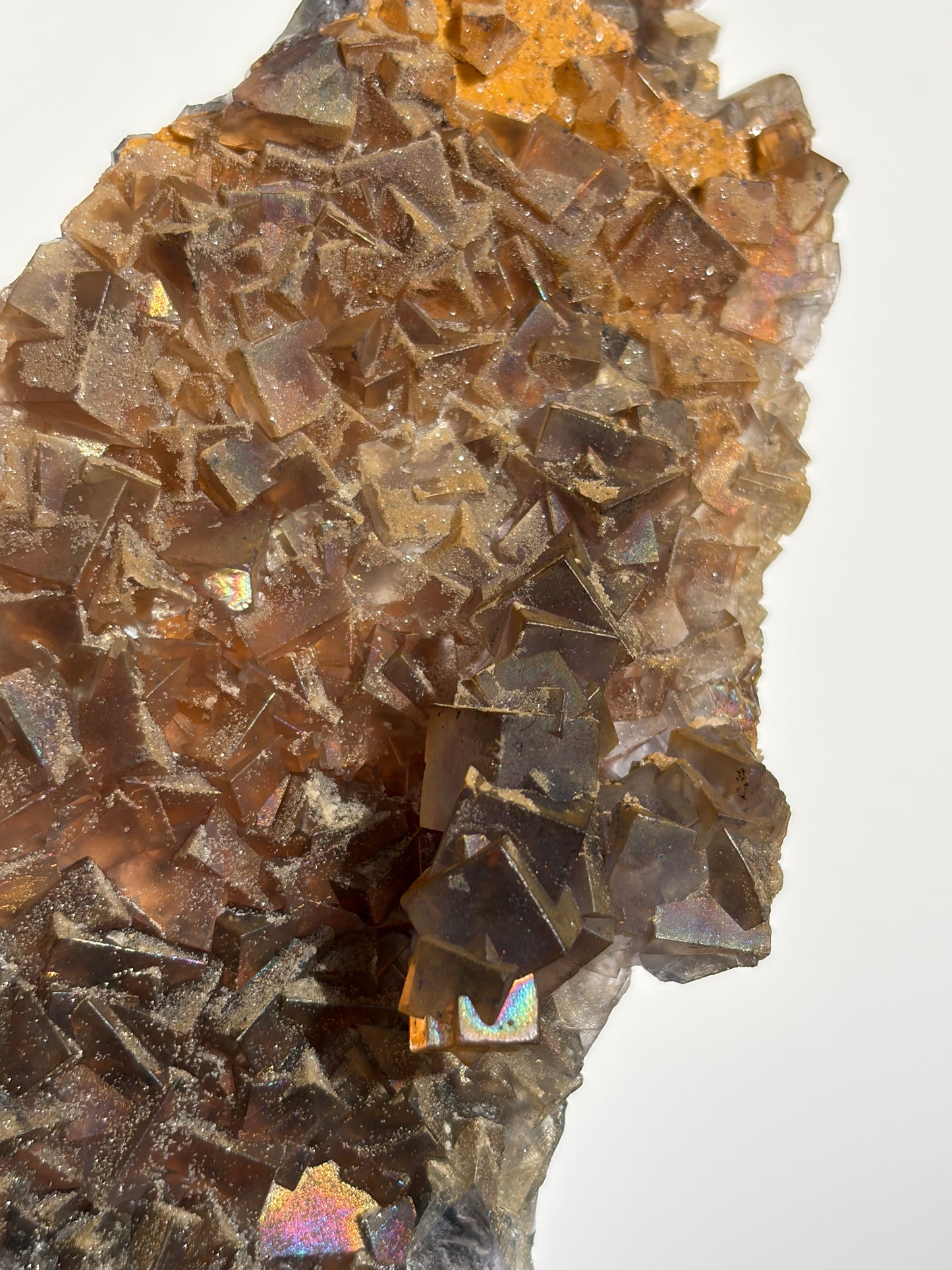 Druzy Coated Iridescent Fluorite Specimen with Calcite D