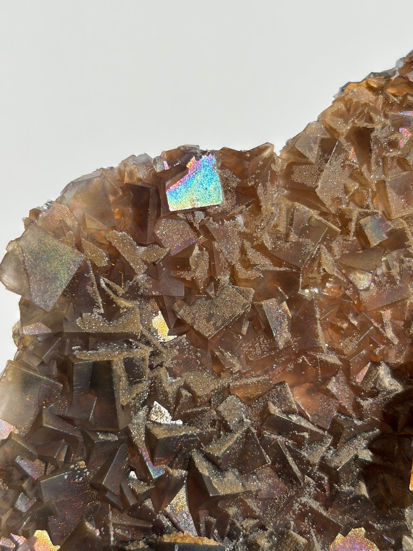 Druzy Coated Iridescent Fluorite Specimen with Calcite D