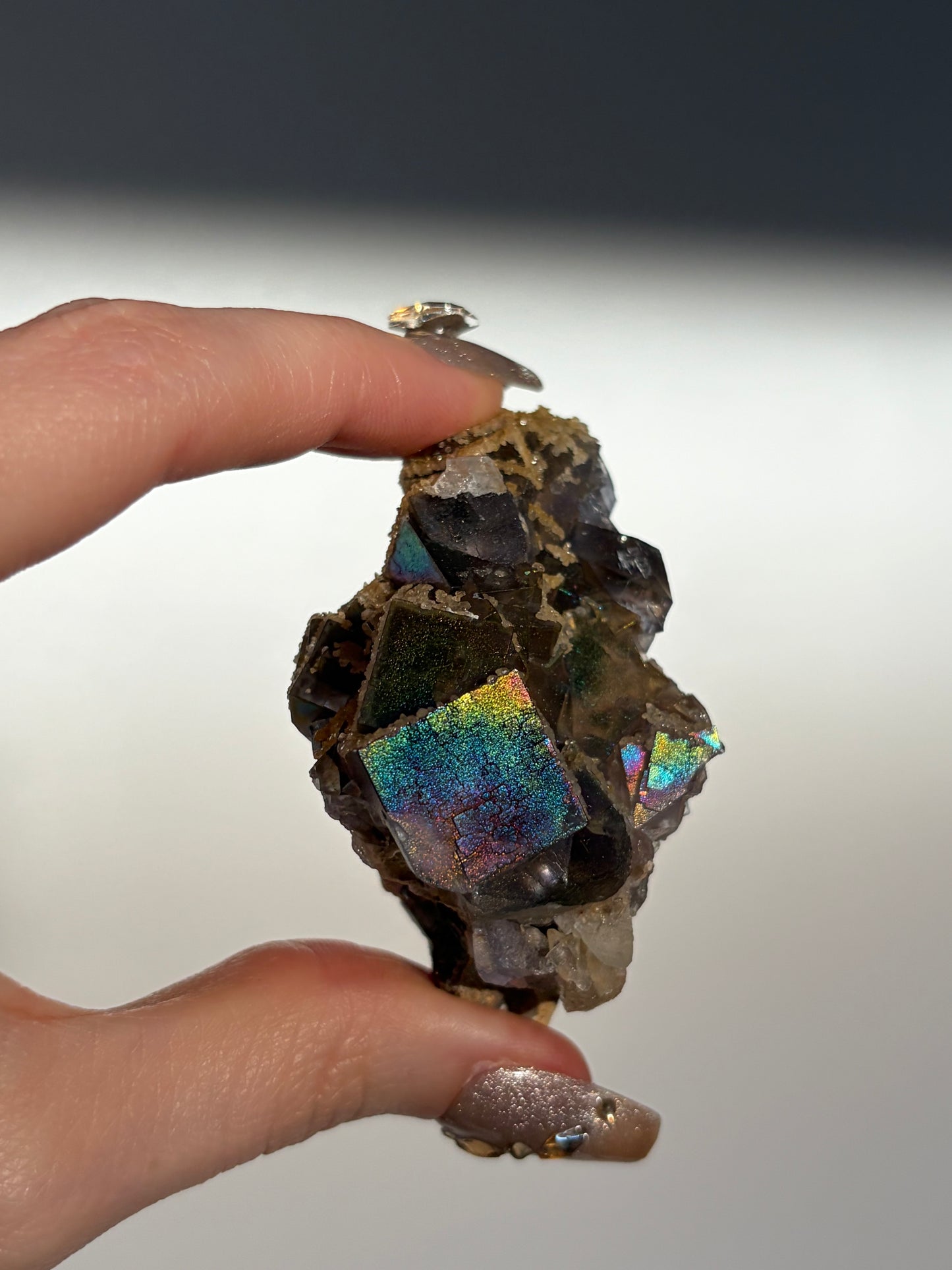 Iridescent Fluorite Specimen with Calcite G