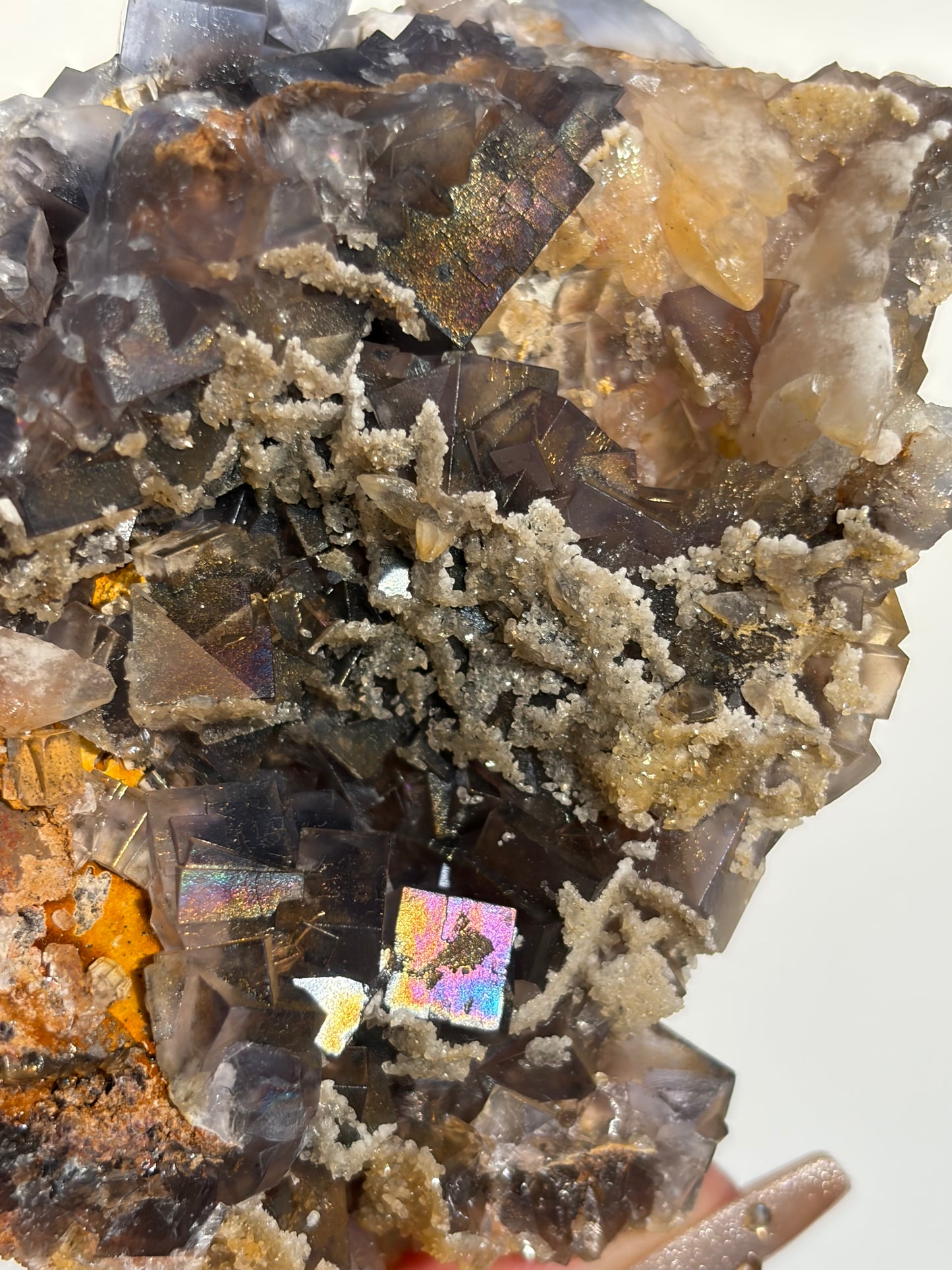 Iridescent Fluorite Specimen with Dog's Tooth Calcite and Winged Selenite A