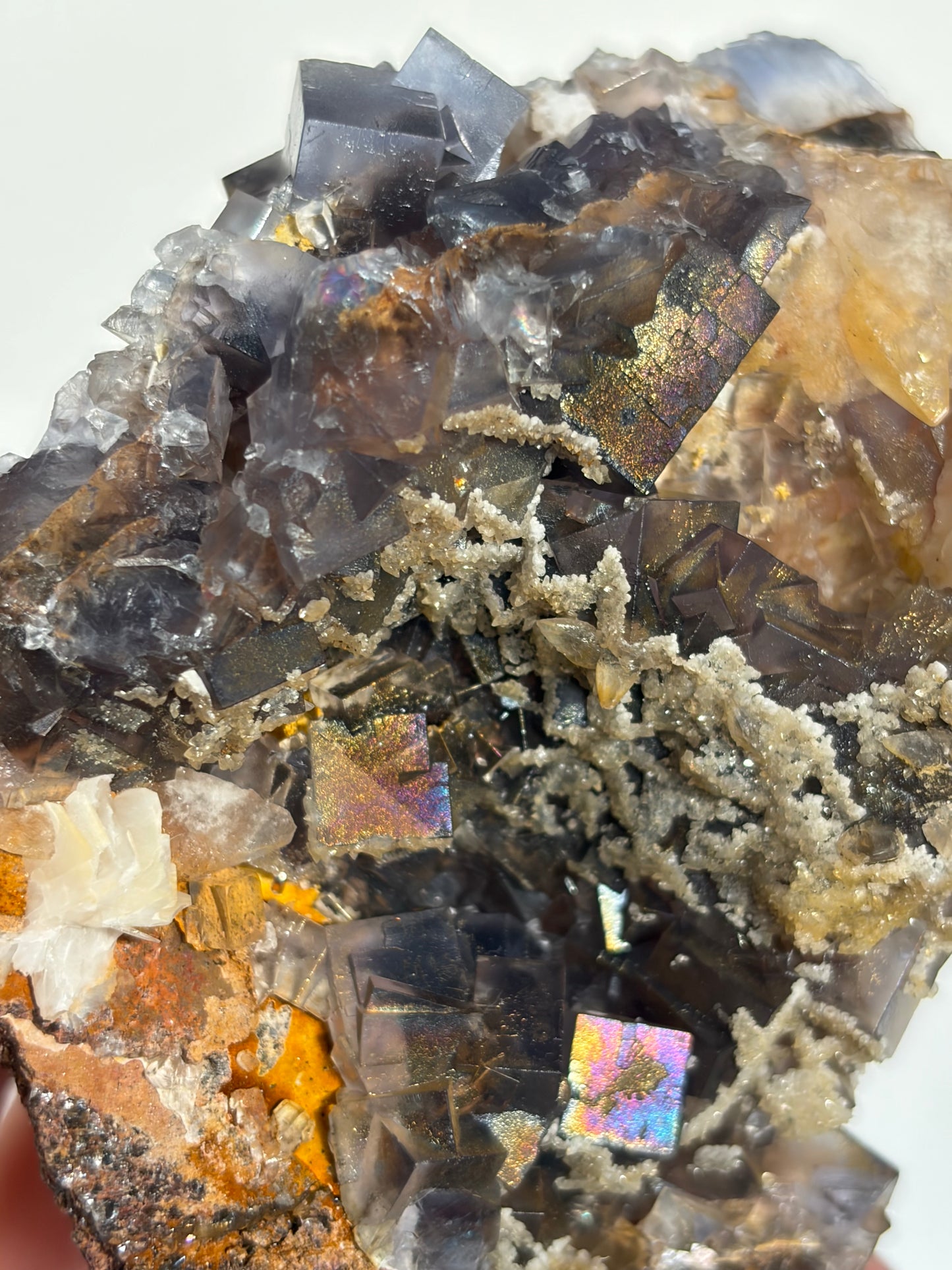 Iridescent Fluorite Specimen with Dog's Tooth Calcite and Winged Selenite A