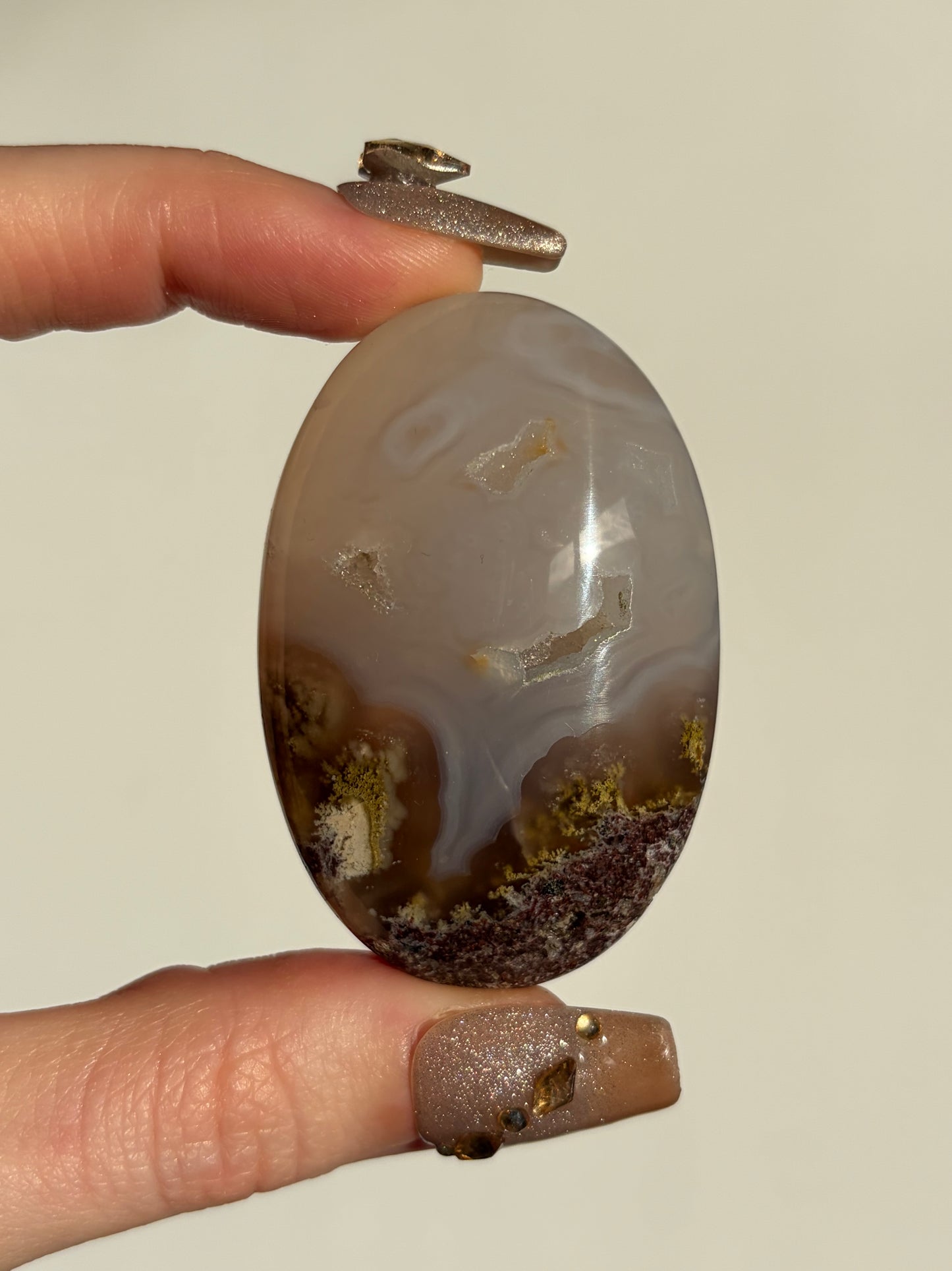 Jelly Orbicular Nebula Agate Palmstone with Green Moss Inclusions A