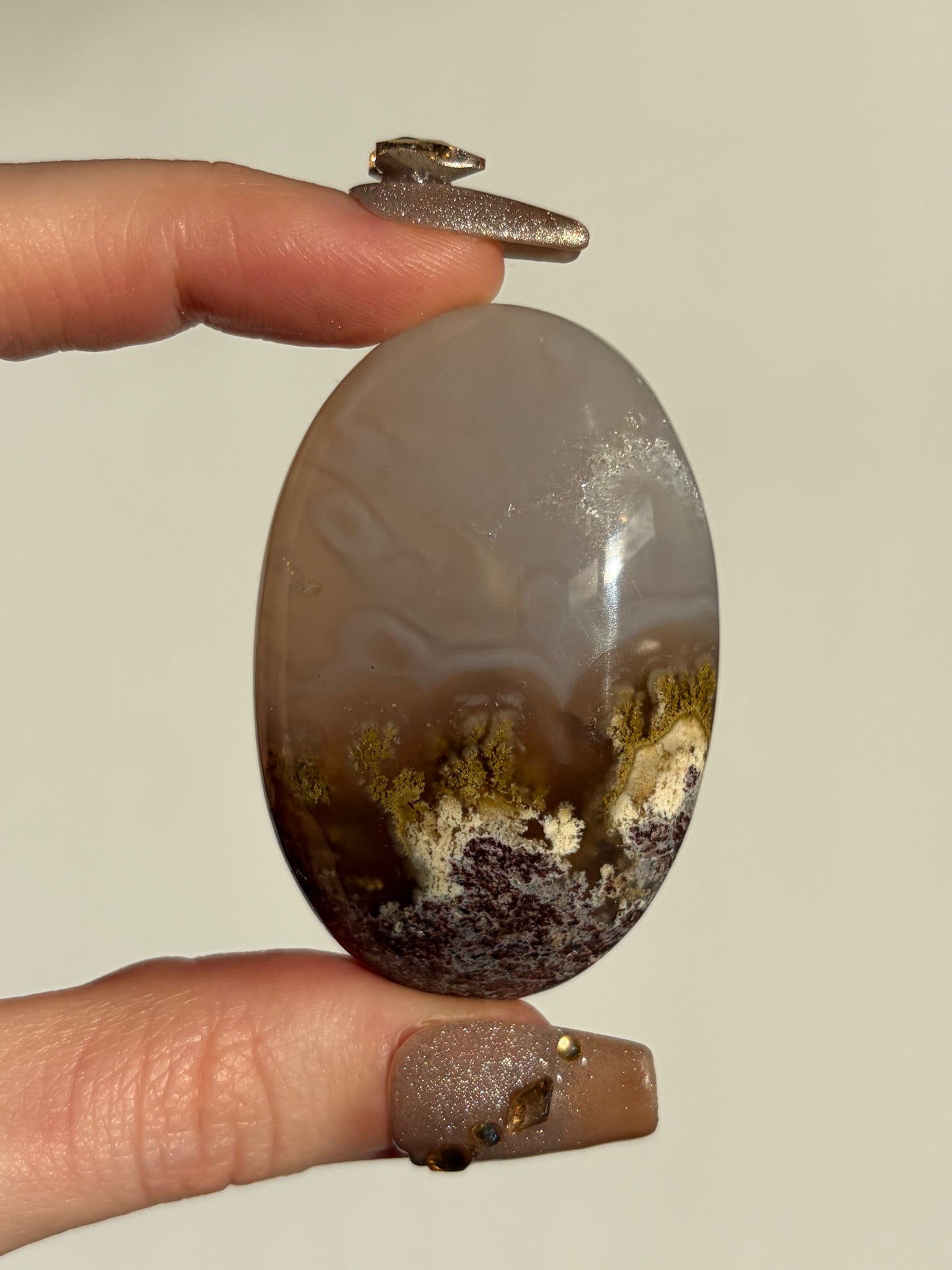 Jelly Orbicular Nebula Agate Palmstone with Green Moss Inclusions A