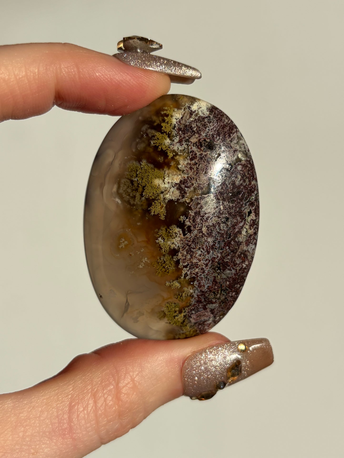 Jelly Orbicular Nebula Agate Palmstone with Green Moss Inclusions B