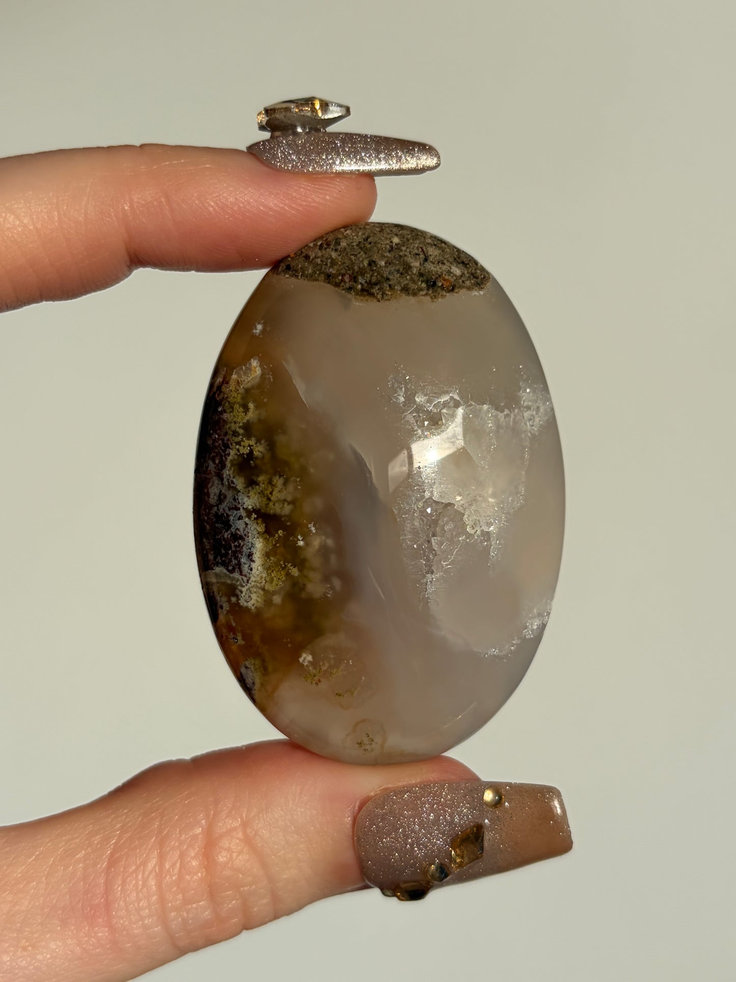 Jelly Orbicular Nebula Agate Palmstone with Green Moss Inclusions C
