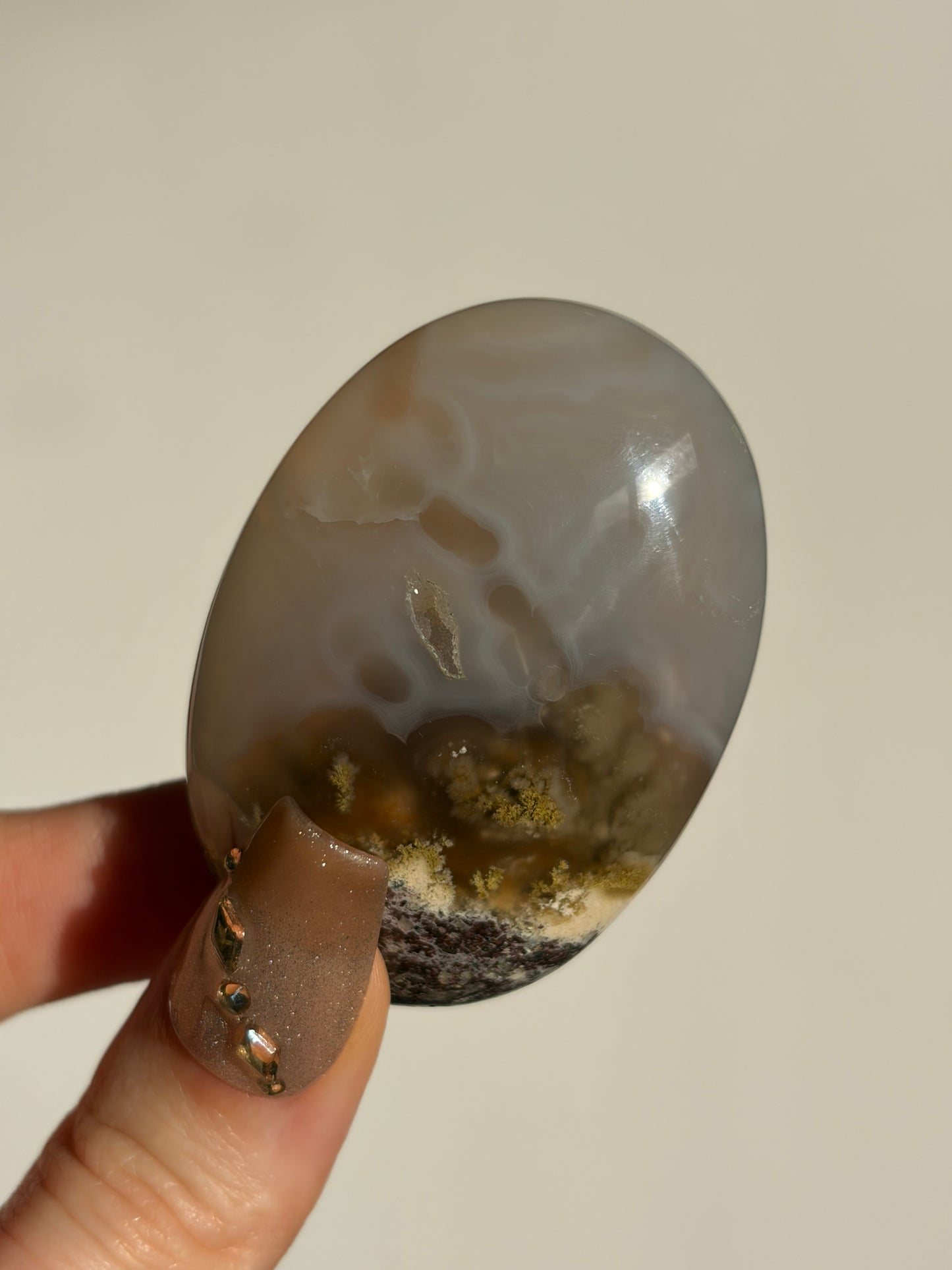 Jelly Orbicular Nebula Agate Palmstone with Green Moss Inclusions D