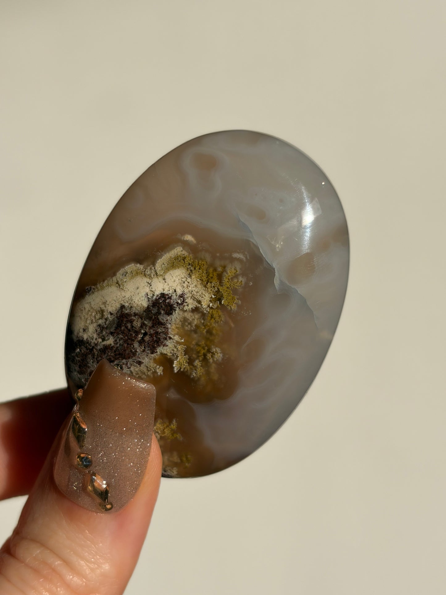 Jelly Orbicular Nebula Agate Palmstone with Green Moss Inclusions D