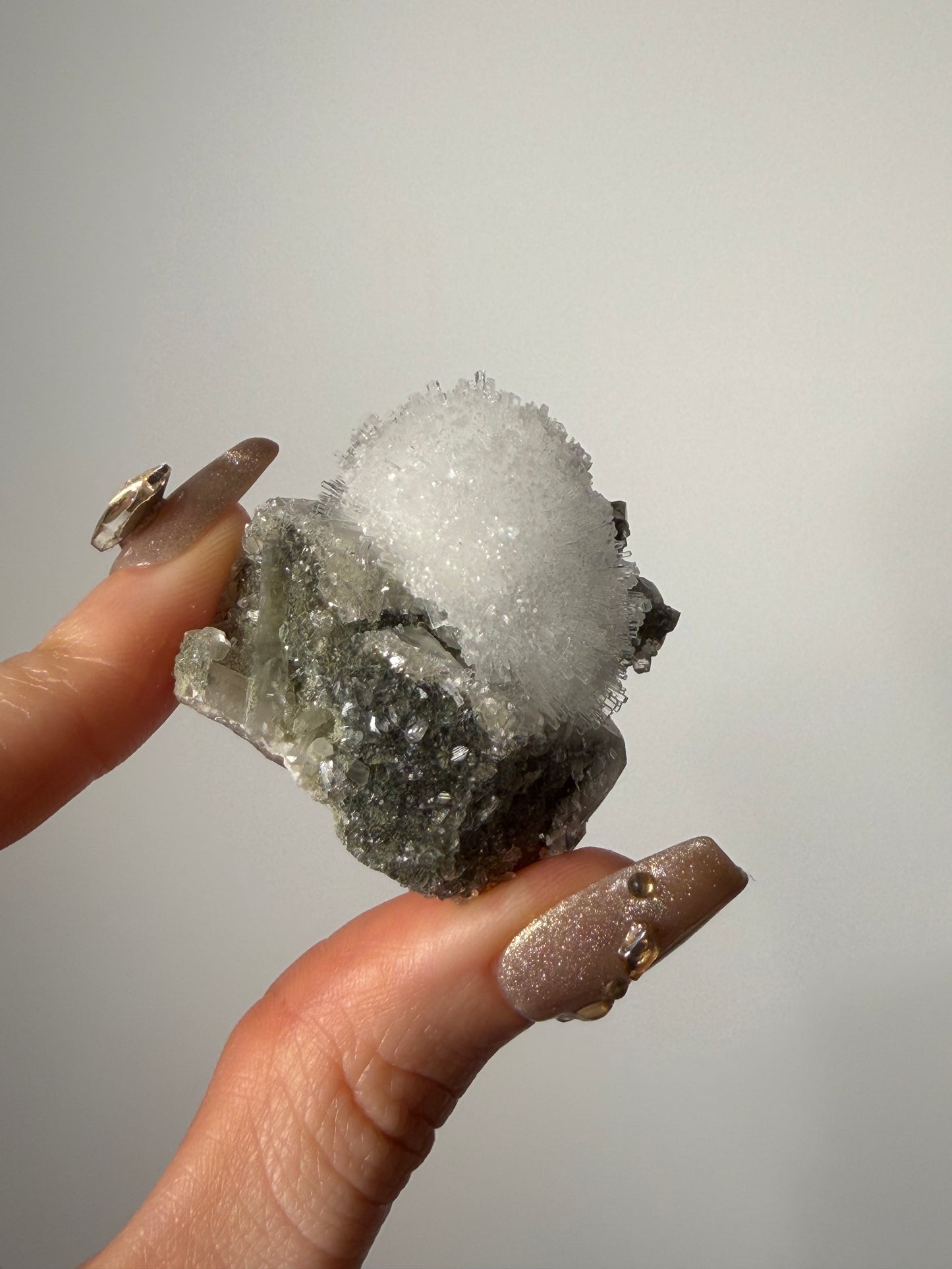 Natrolite Specimen with Quartz and Apophyllite Coated Rhombohedral Calcite F