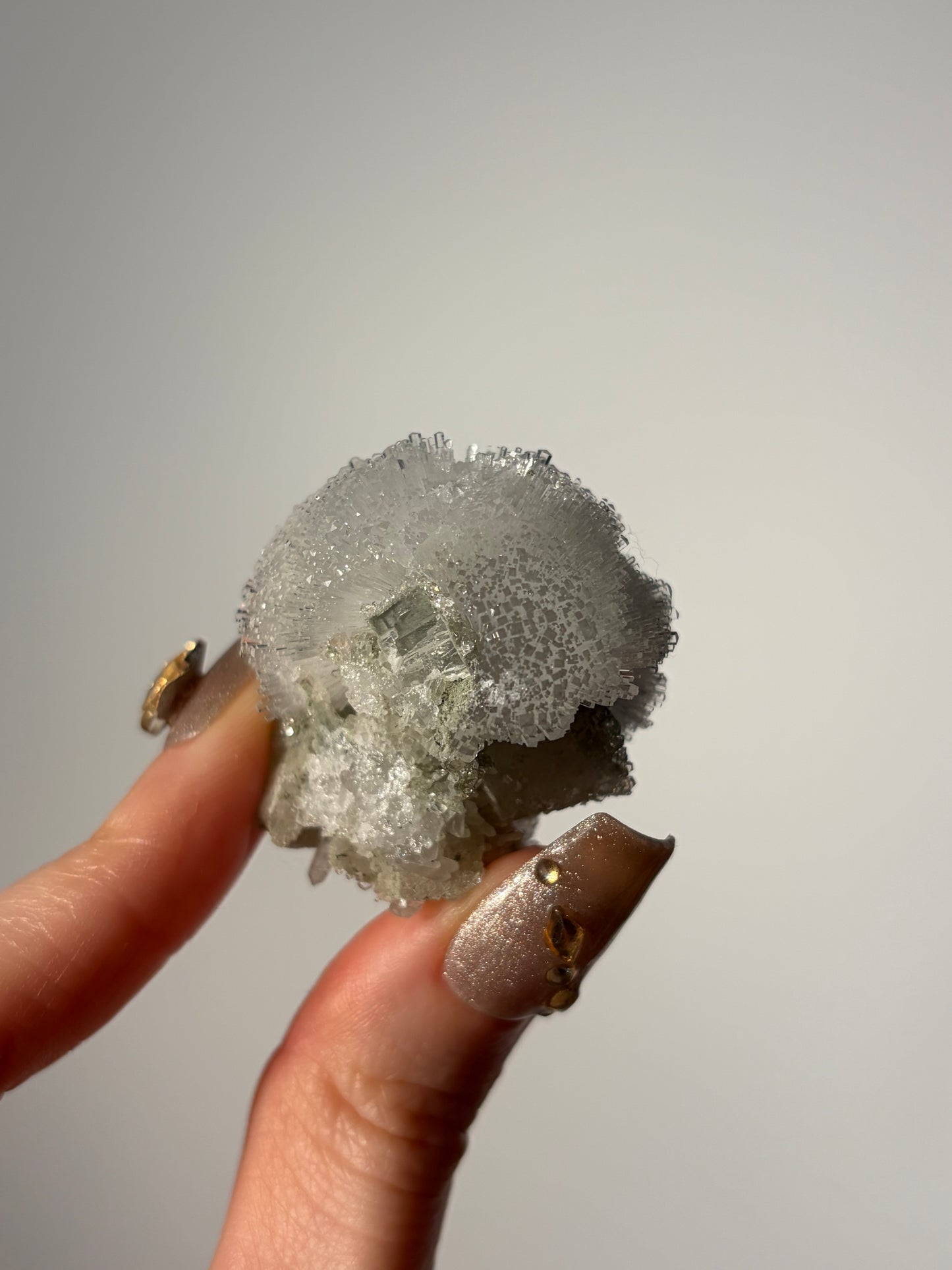 Natrolite Specimen with Quartz and Apophyllite Coated Rhombohedral Calcite G
