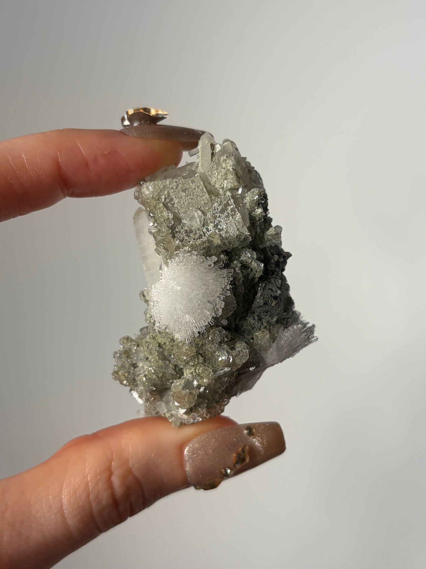 Bowtie Natrolite Specimen with Quartz and Apophyllite Coated Rhombohedral Calcite K