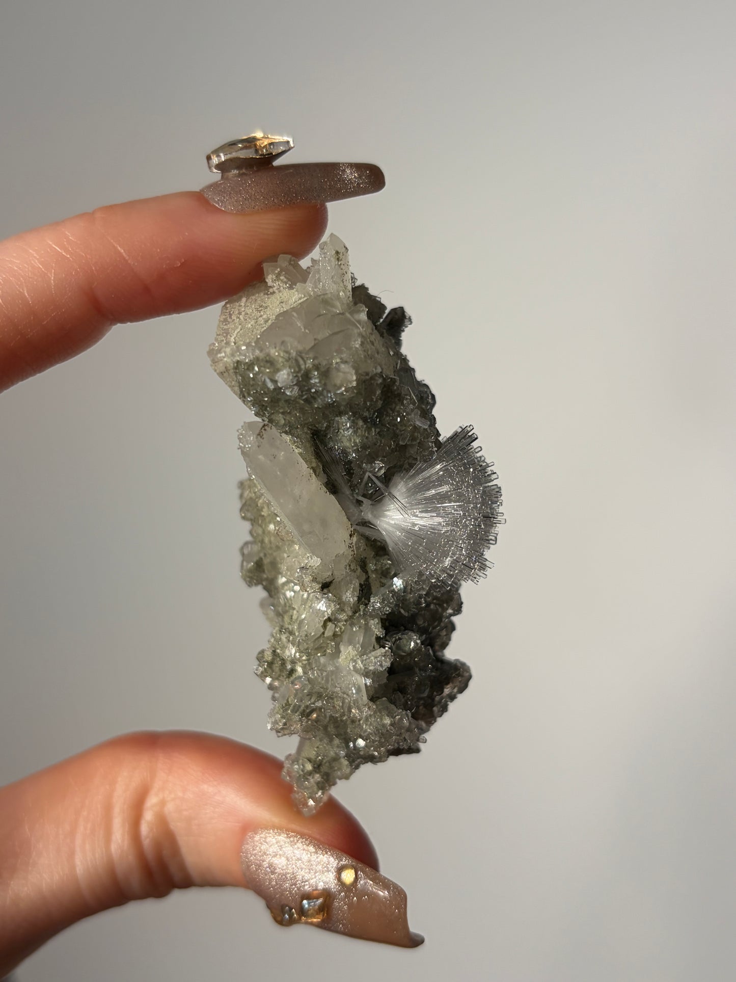 Bowtie Natrolite Specimen with Quartz and Apophyllite Coated Rhombohedral Calcite K
