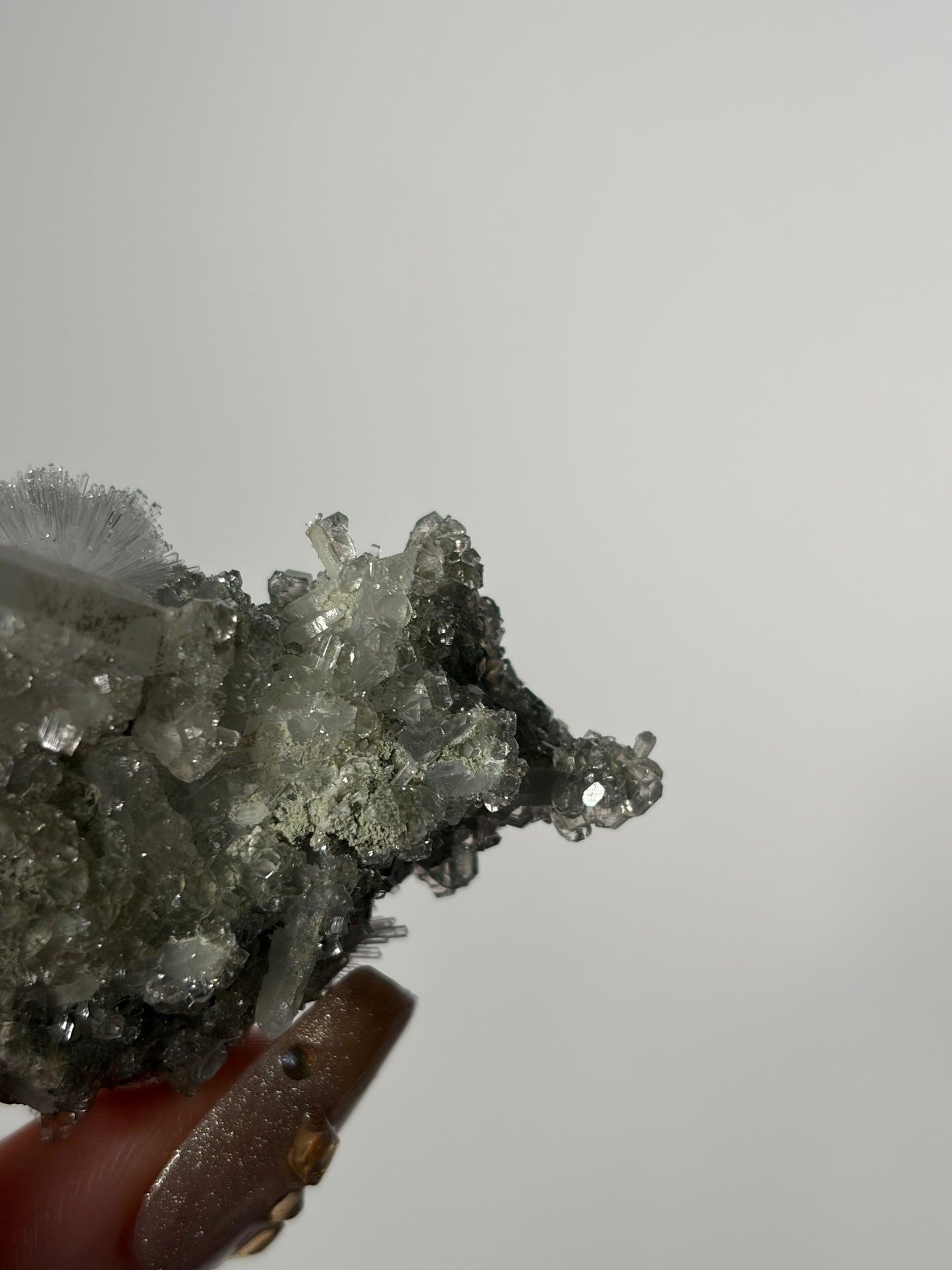 Bowtie Natrolite Specimen with Quartz and Apophyllite Coated Rhombohedral Calcite K