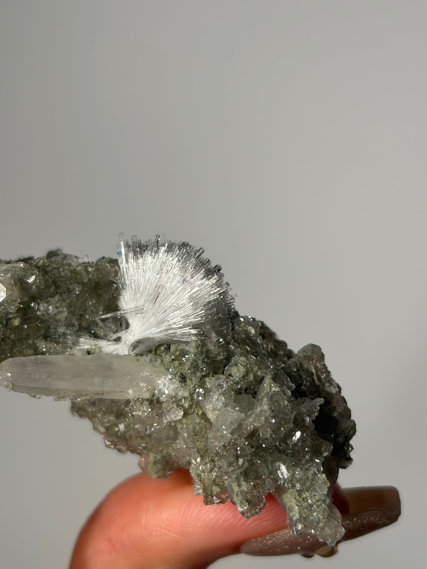 Bowtie Natrolite Specimen with Quartz and Apophyllite Coated Rhombohedral Calcite K