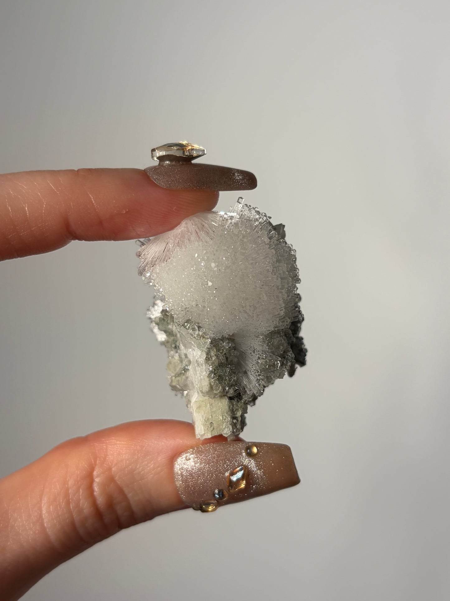 Natrolite Specimen with Apophyllite Coated Quartz and Rhombohedral Calcite L