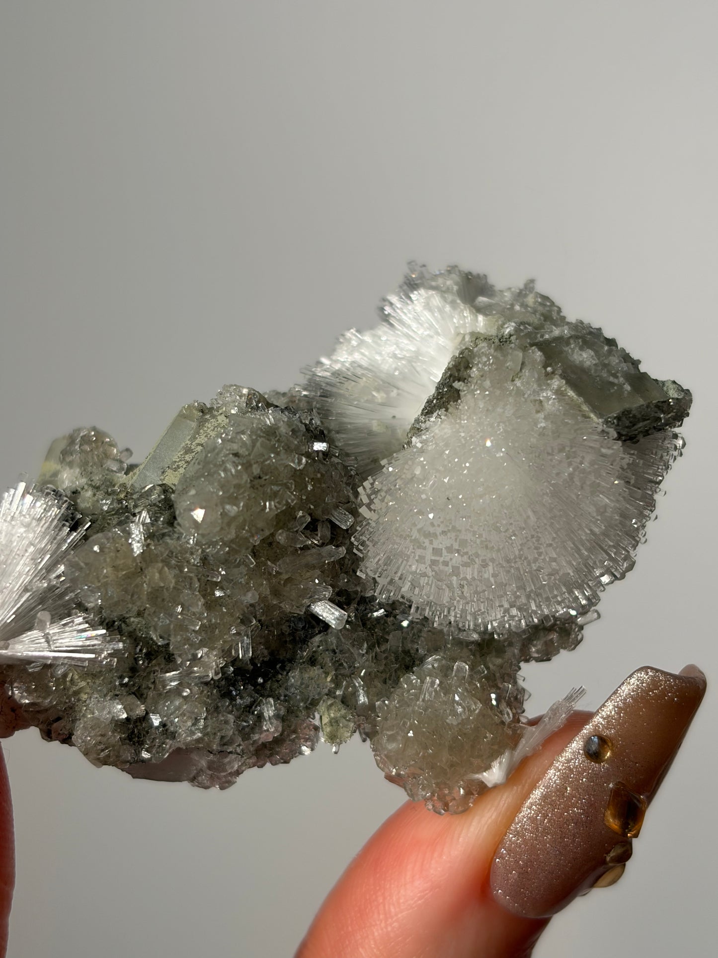 Natrolite Specimen with Quartz and Apophyllite Coated Rhombohedral Calcite M