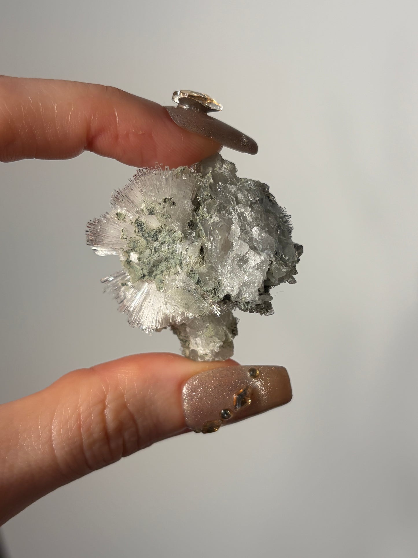Natrolite Specimen with Quartz and Apophyllite Coated Rhombohedral Calcite P