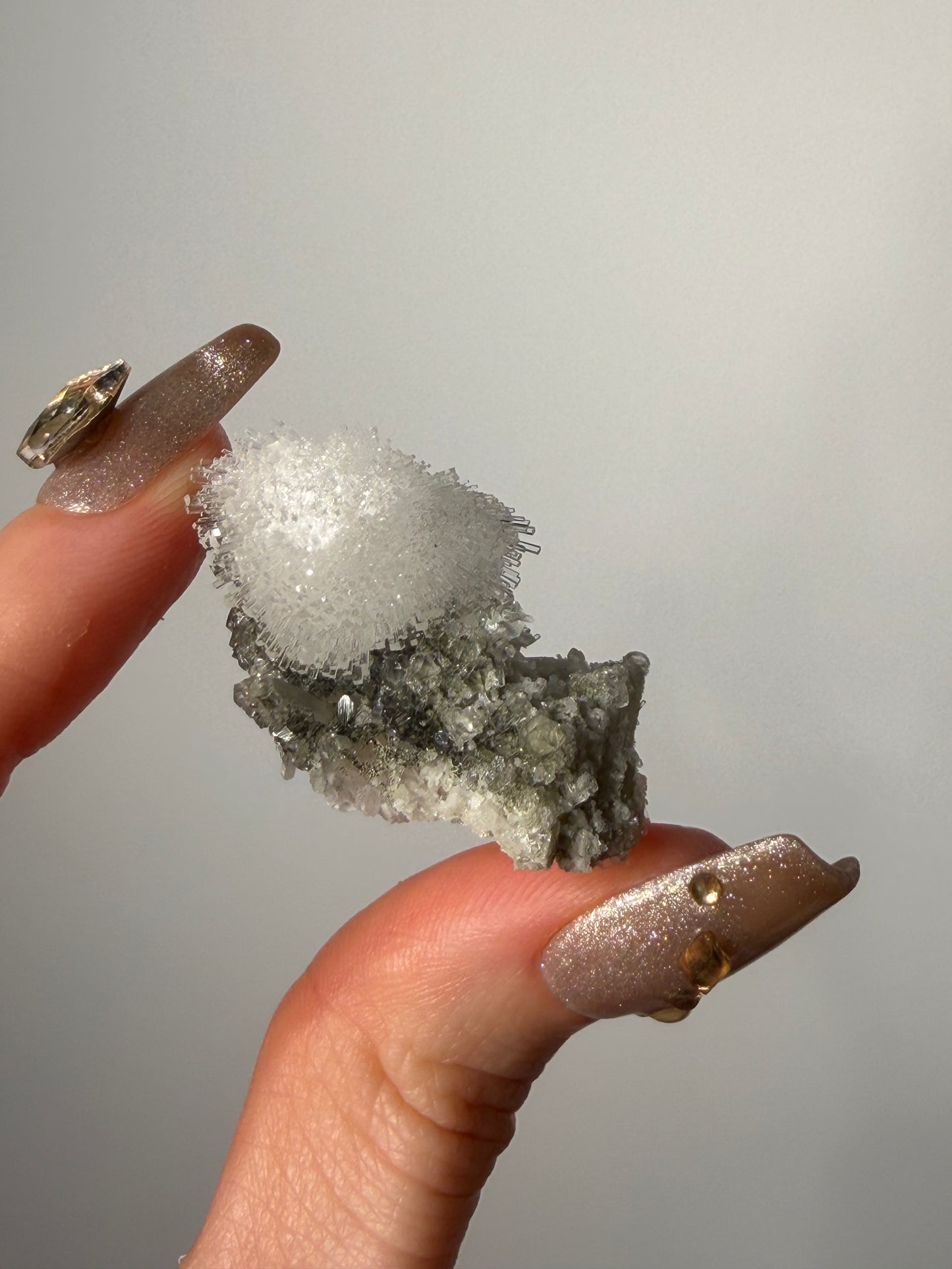 Natrolite Specimen with Apophyllite Coated Quartz and Rhombohedral Calcite T