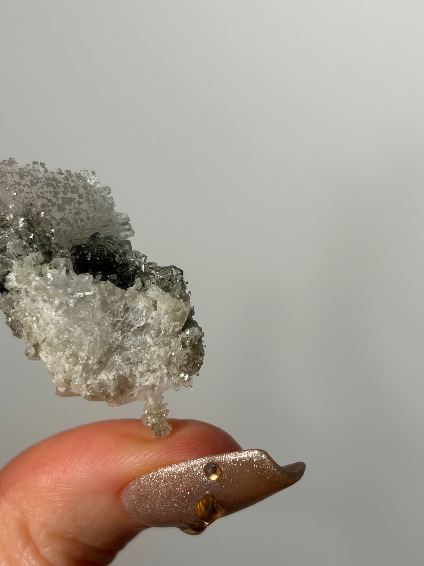 Natrolite Specimen with Apophyllite Coated Quartz and Rhombohedral Calcite T