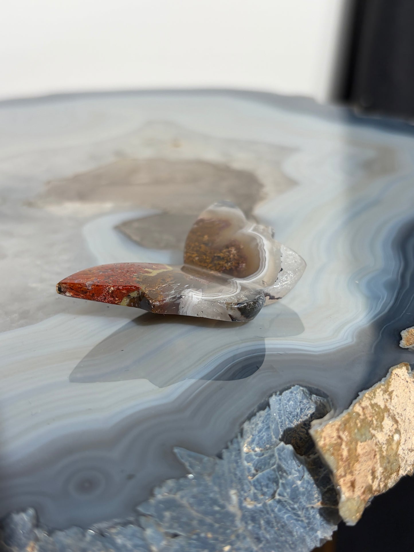 Nebula Agate 3D Butterfly Carving with Red Moss and Dendritic Inclusions