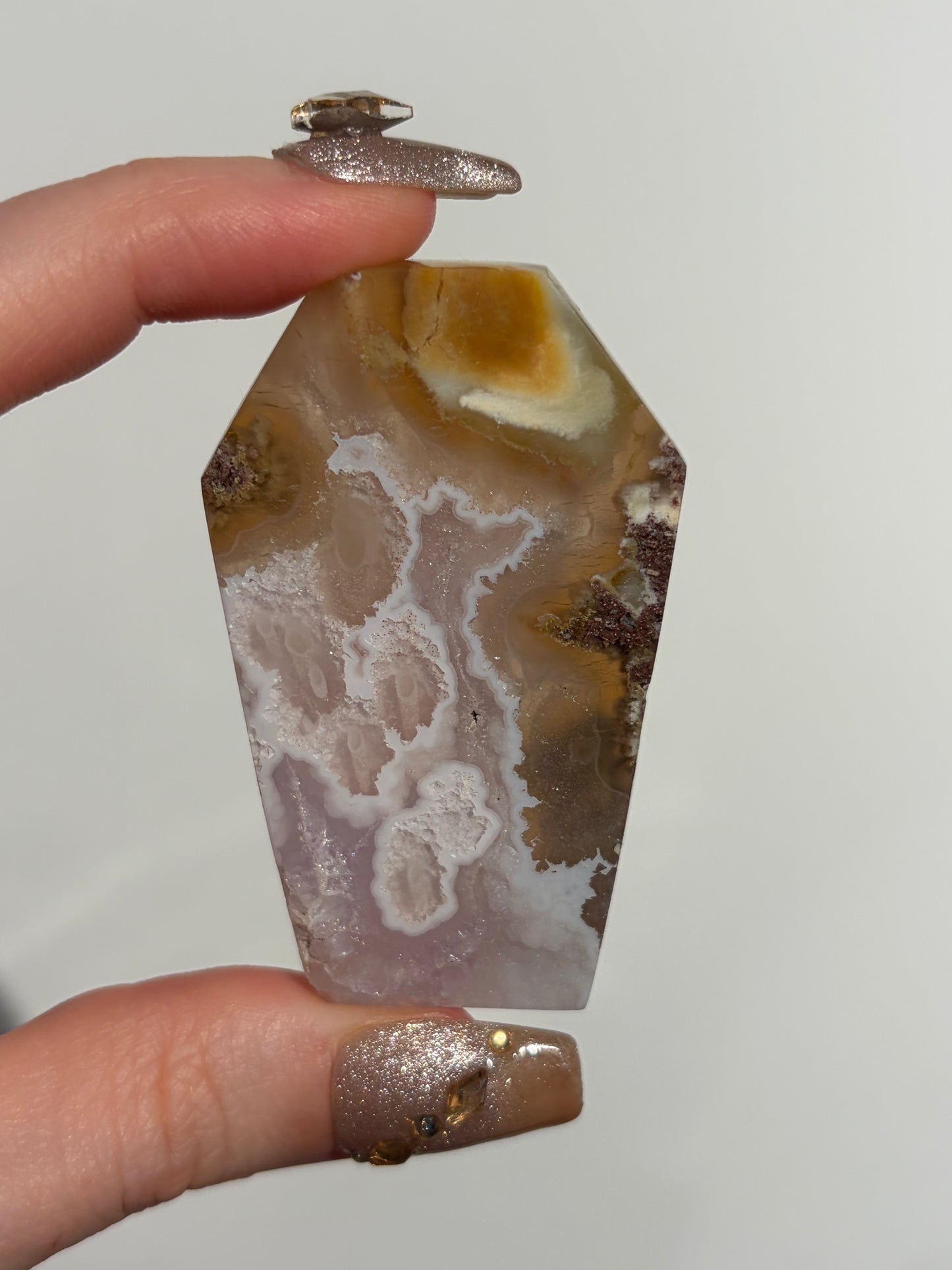 Hexagonal Nebula Agate with Amethyst Tile on Custom Stand A