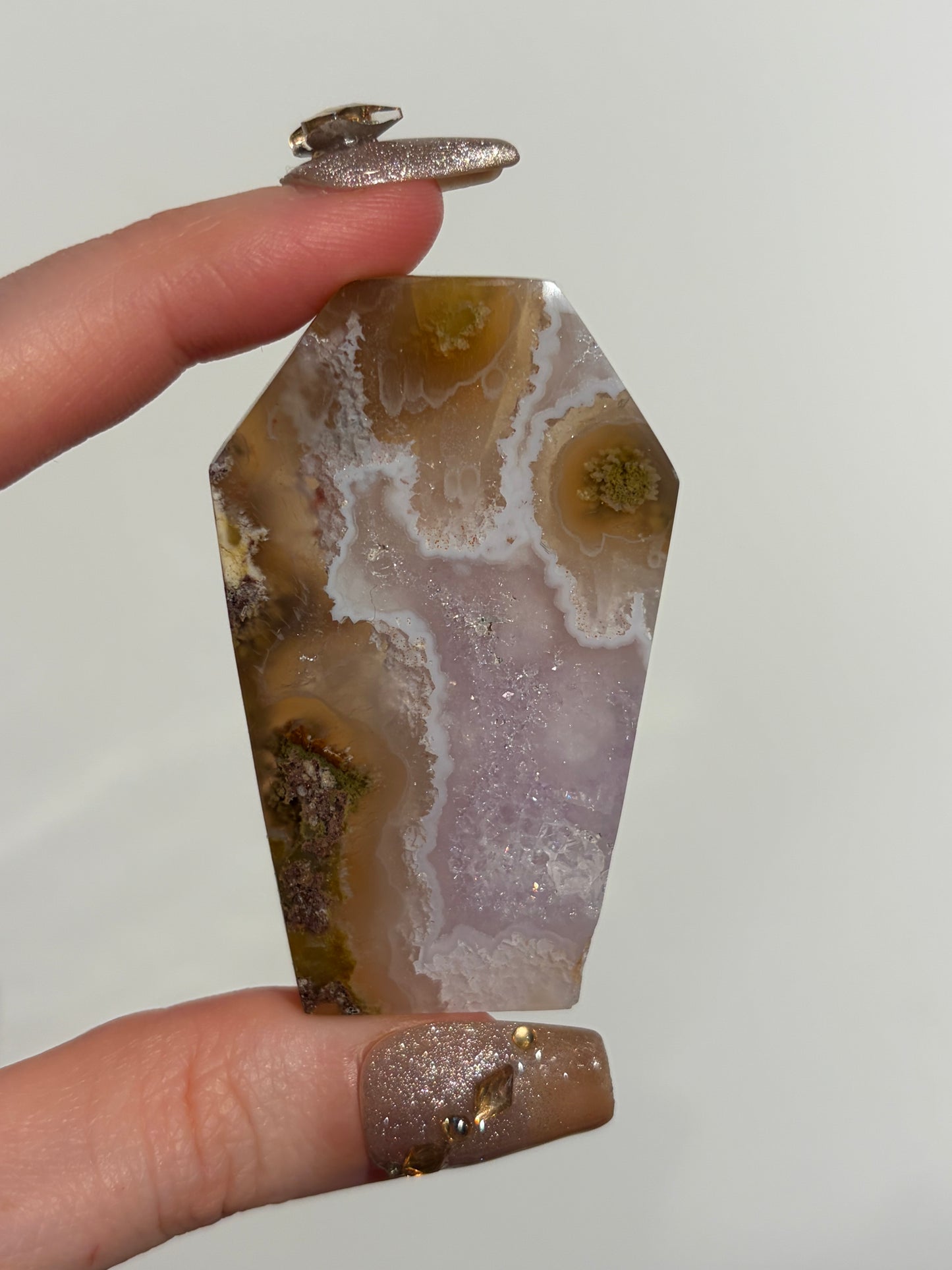 Hexagonal Nebula Agate with Amethyst Tile on Custom Stand A