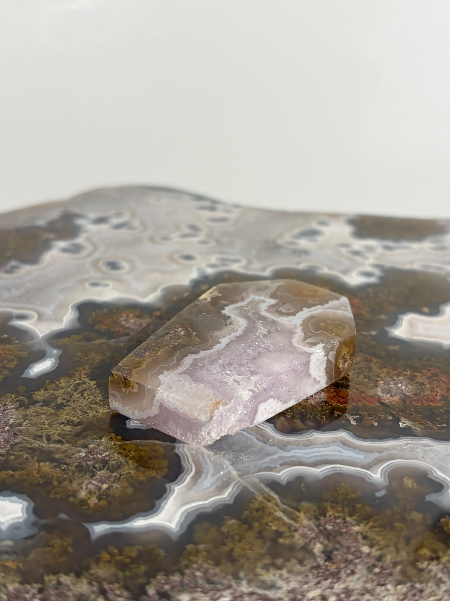 Hexagonal Nebula Agate with Amethyst Tile on Custom Stand A