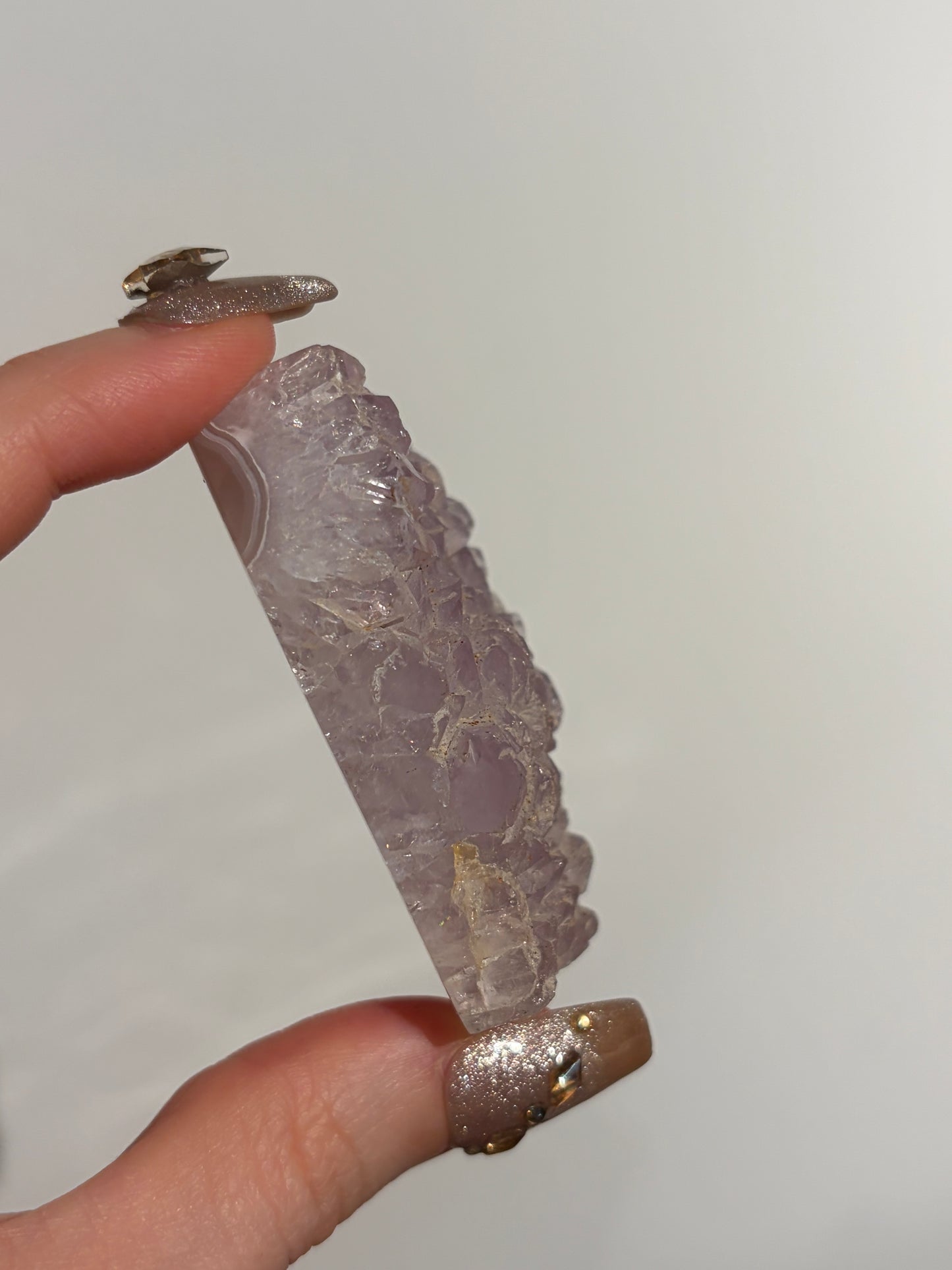 Hexagonal Nebula Agate Tile with Amethyst on Custom Stand F