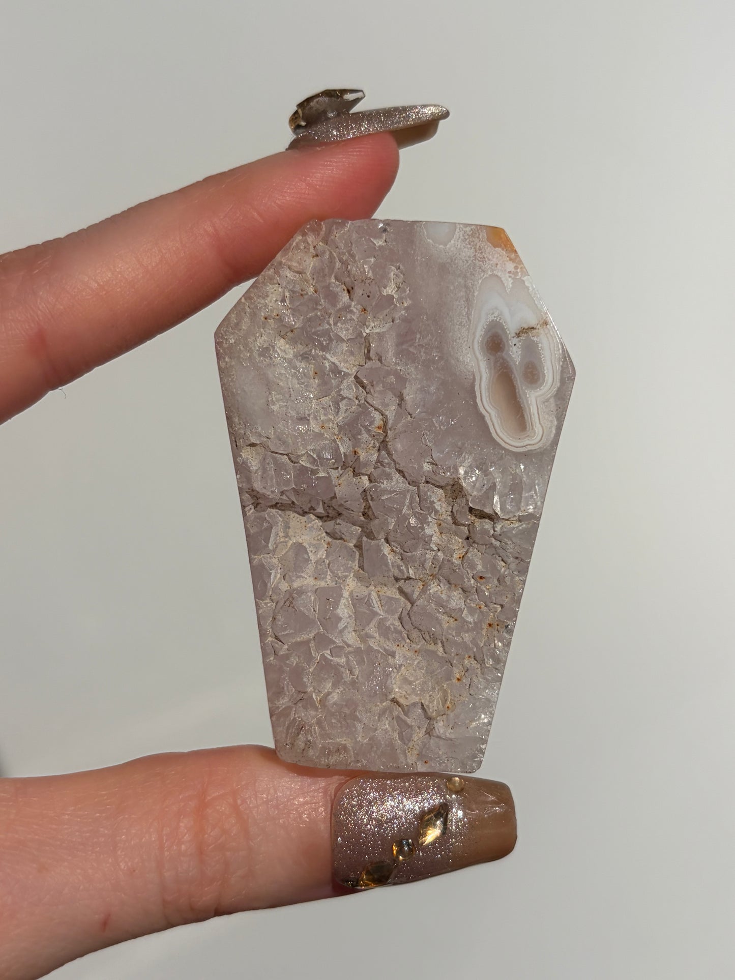 Hexagonal Nebula Agate with Amethyst Tile on Custom Stand G