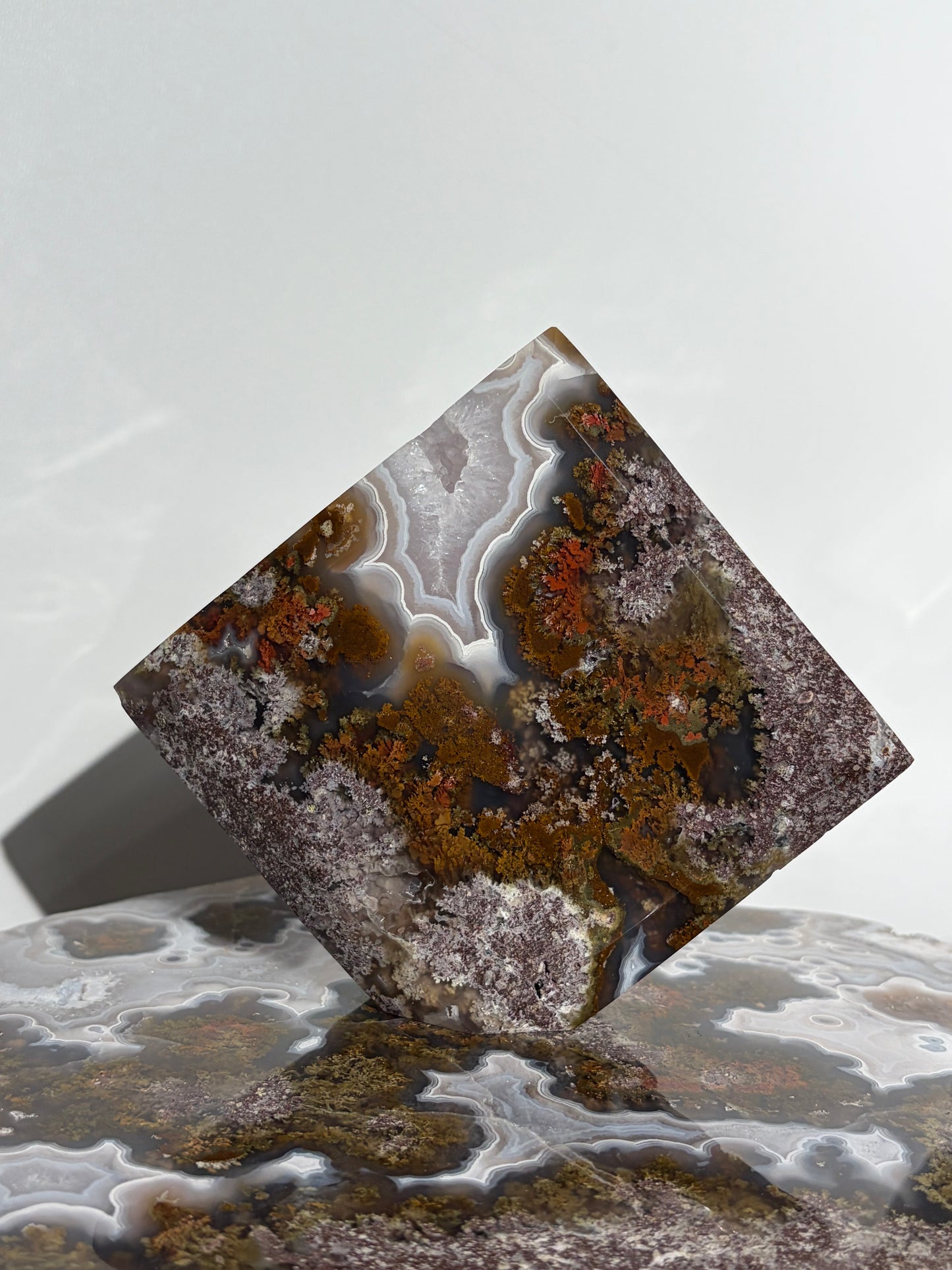 “The Hanging Gardens” Nebula Agate with Red Moss Faceted Diamond Carving Statement