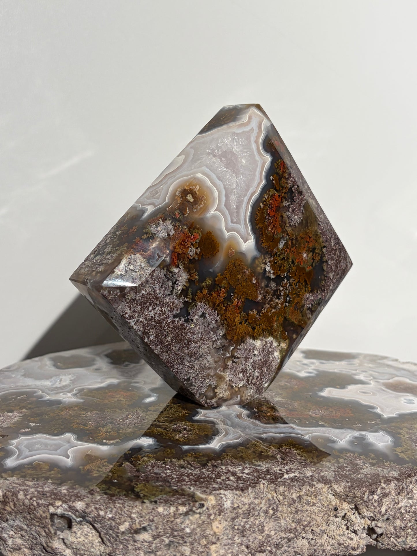 “The Hanging Gardens” Nebula Agate with Red Moss Faceted Diamond Carving Statement