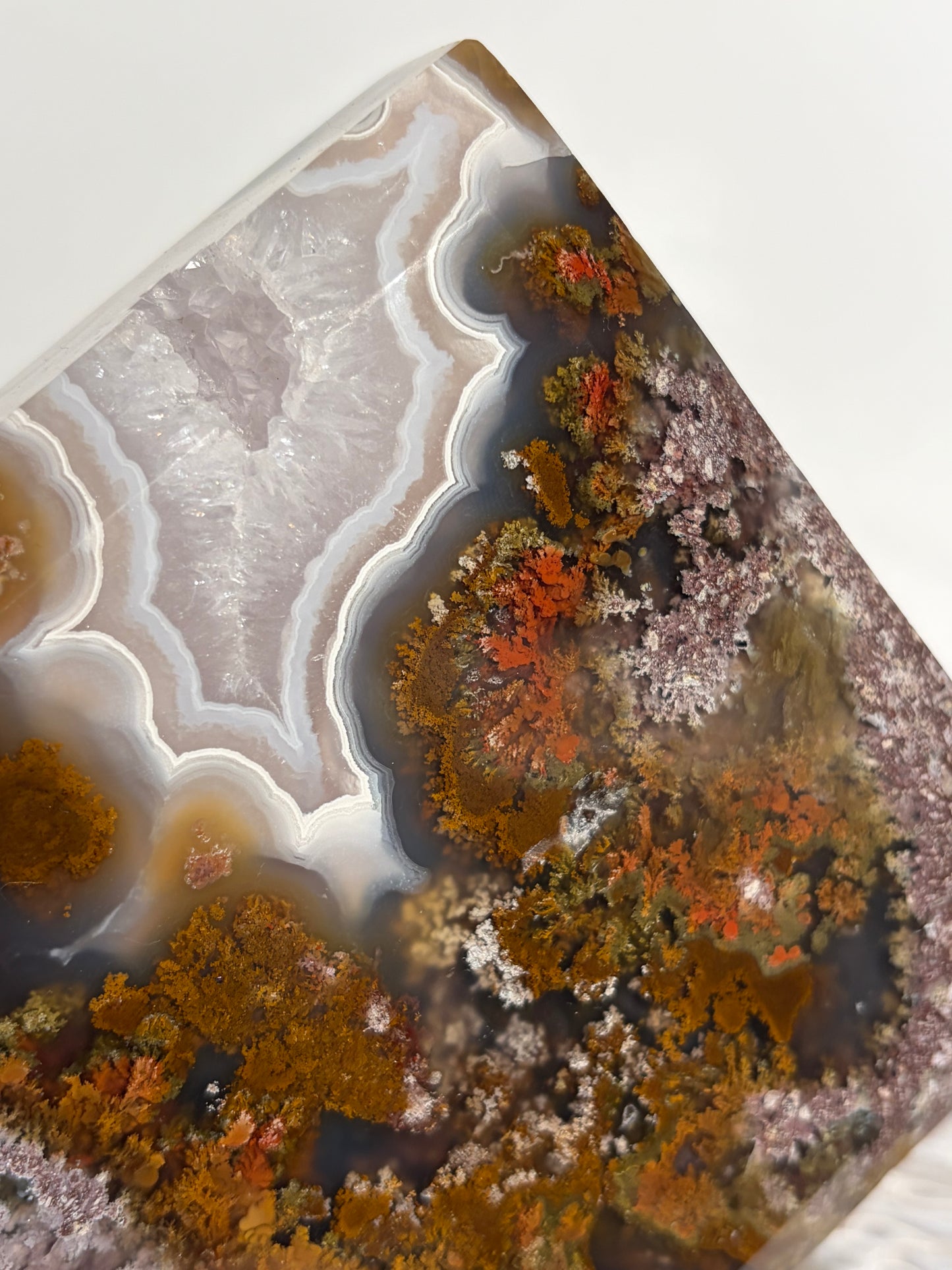 “The Hanging Gardens” Nebula Agate with Red Moss Faceted Diamond Carving Statement