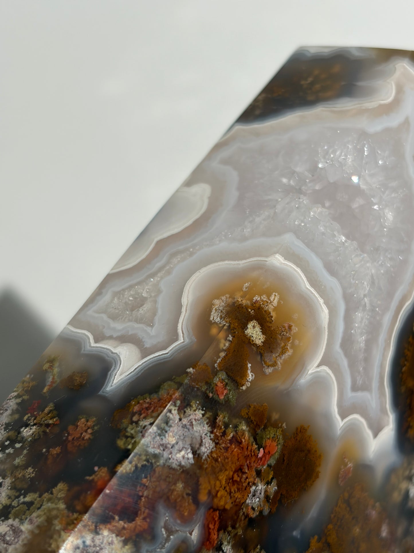 “The Hanging Gardens” Nebula Agate with Red Moss Faceted Diamond Carving Statement