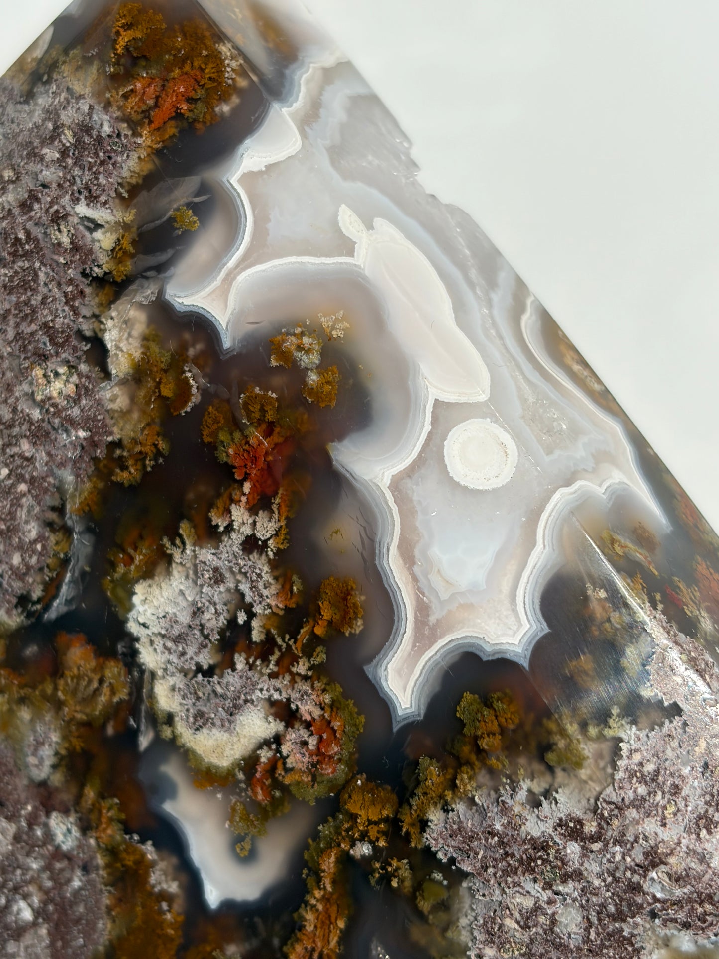 “The Hanging Gardens” Nebula Agate with Red Moss Faceted Diamond Carving Statement