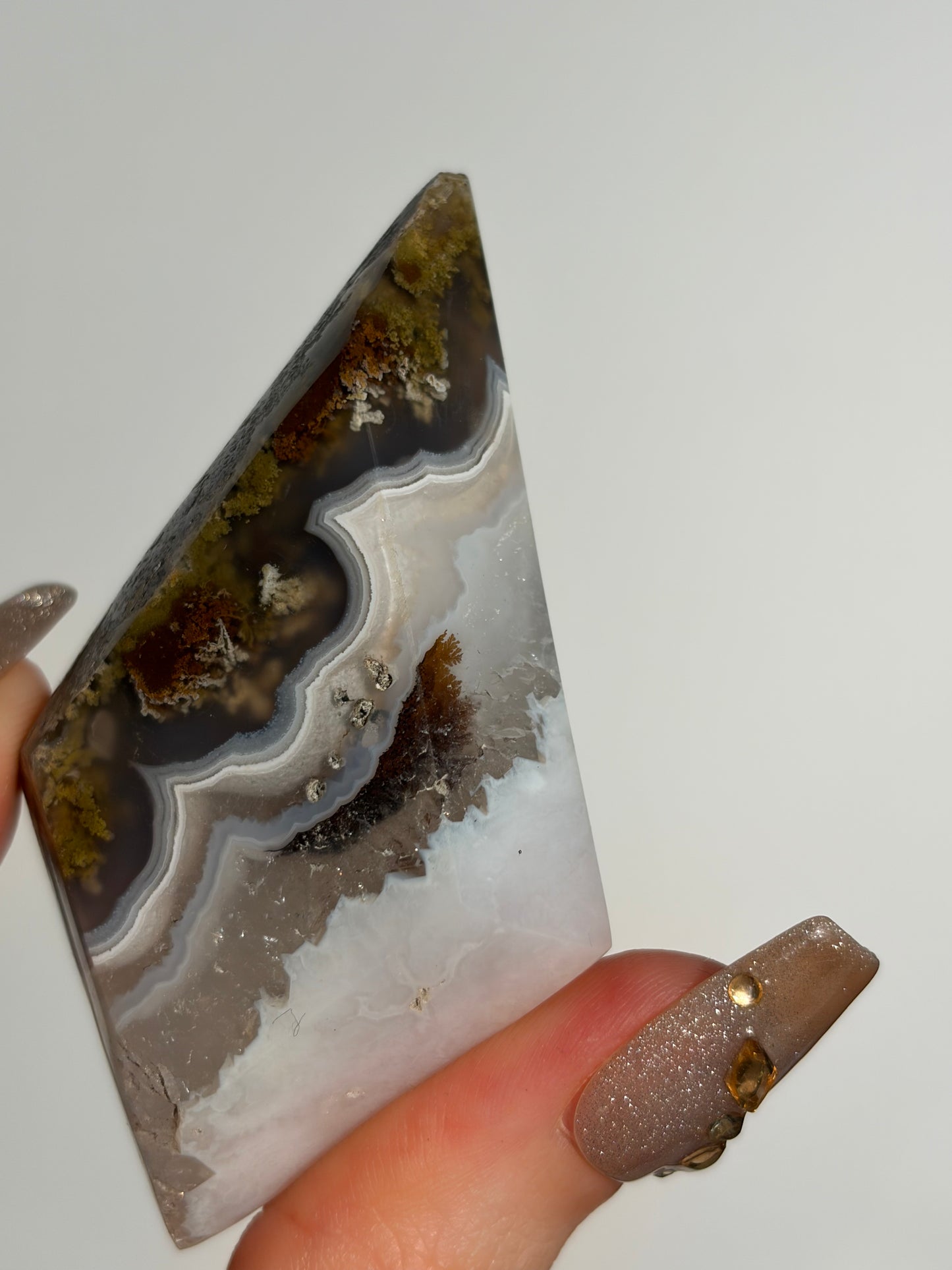 Nebula Agate Diamond Carving with Dendritic Inclusions on Stand A