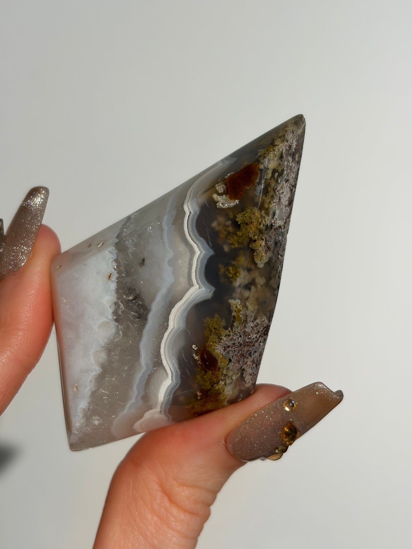 Nebula Agate Diamond Carving with Dendritic Inclusions on Stand A