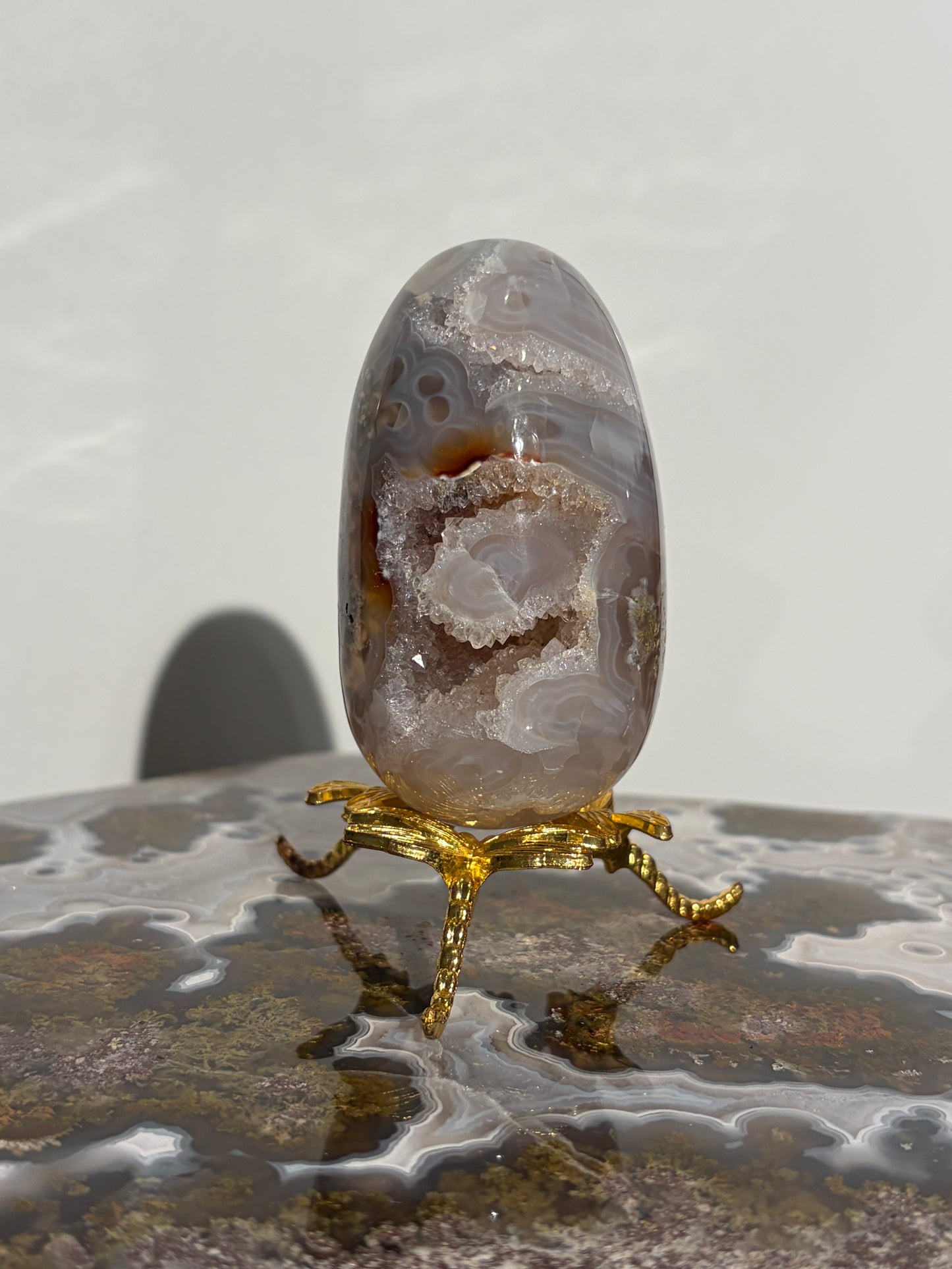 “Oracle” Jelly Orbicular Nebula Agate Egg Carving with Green Moss Inclusions