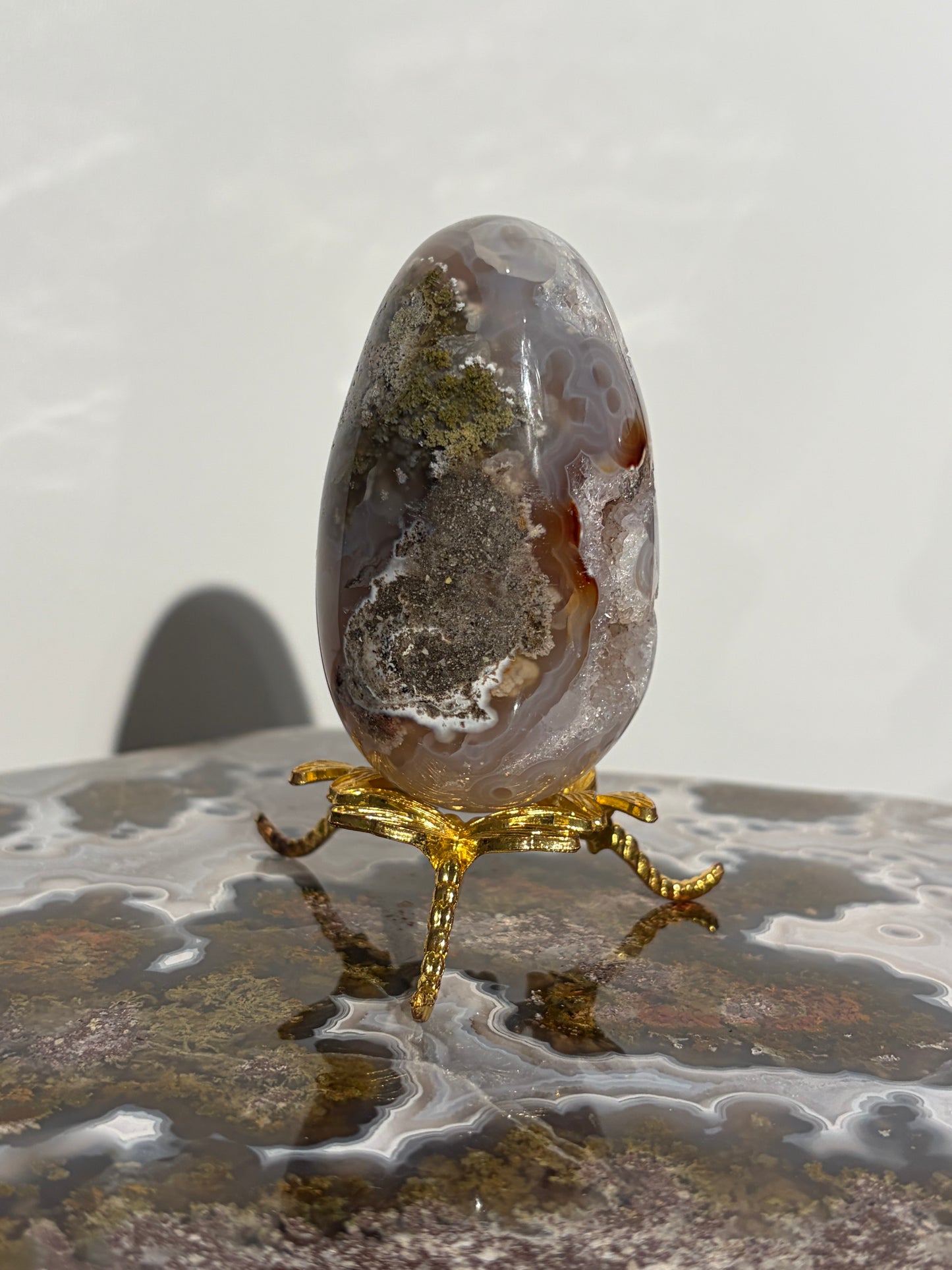 “Oracle” Jelly Orbicular Nebula Agate Egg Carving with Green Moss Inclusions
