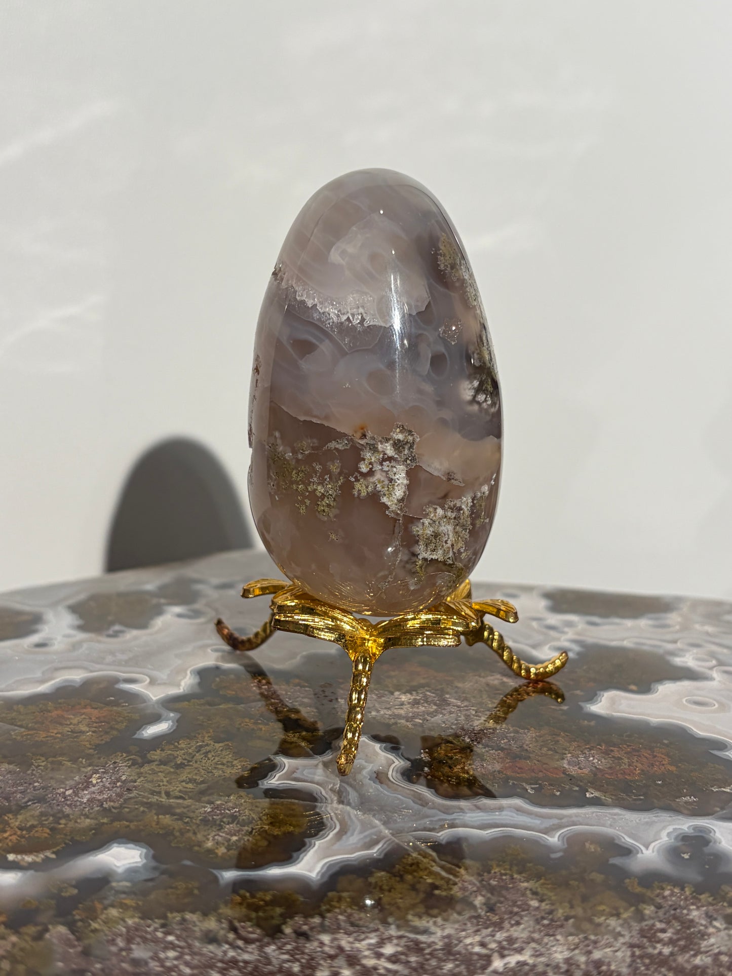 “Oracle” Jelly Orbicular Nebula Agate Egg Carving with Green Moss Inclusions