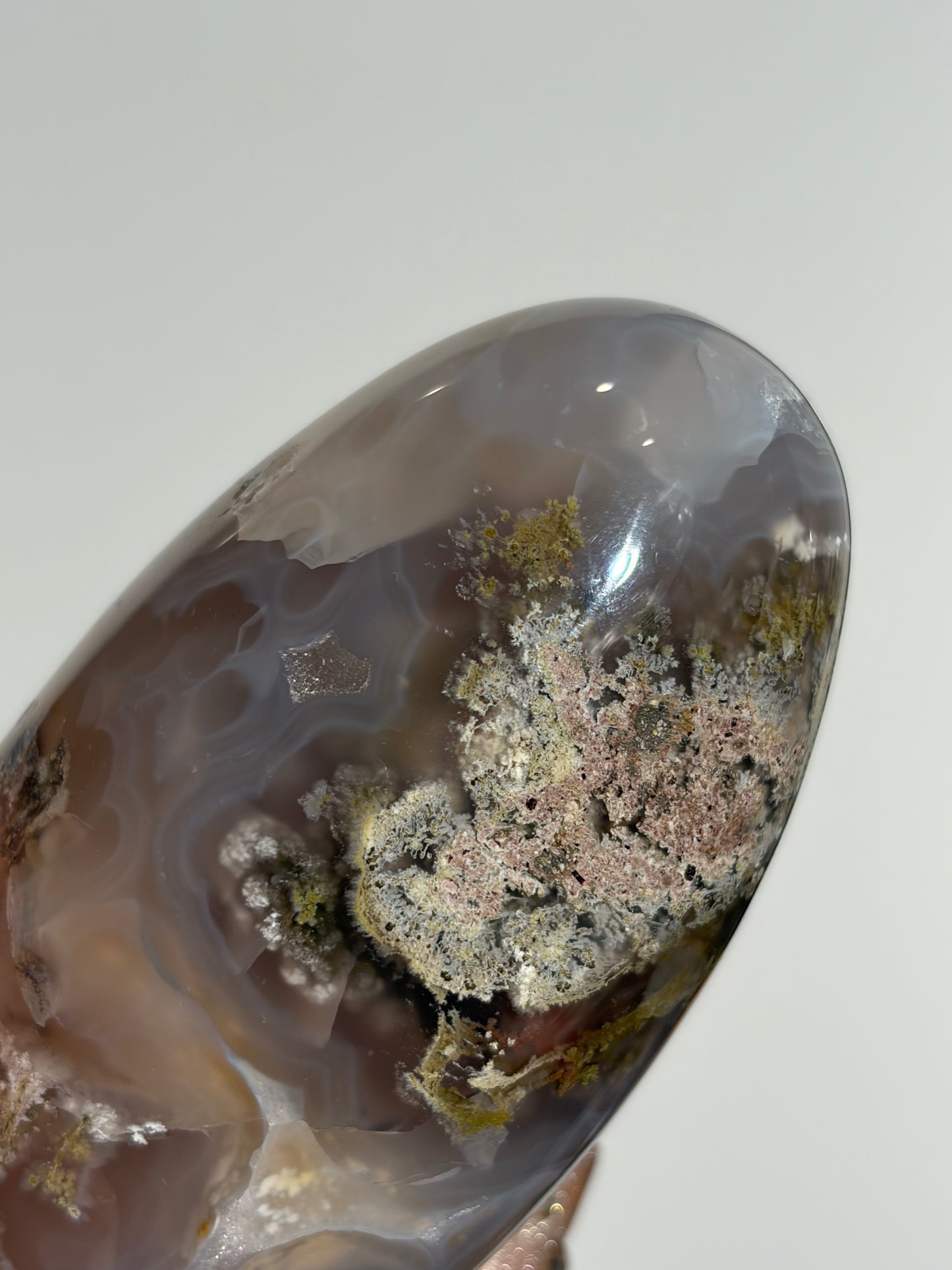 “Oracle” Jelly Orbicular Nebula Agate Egg Carving with Green Moss Inclusions
