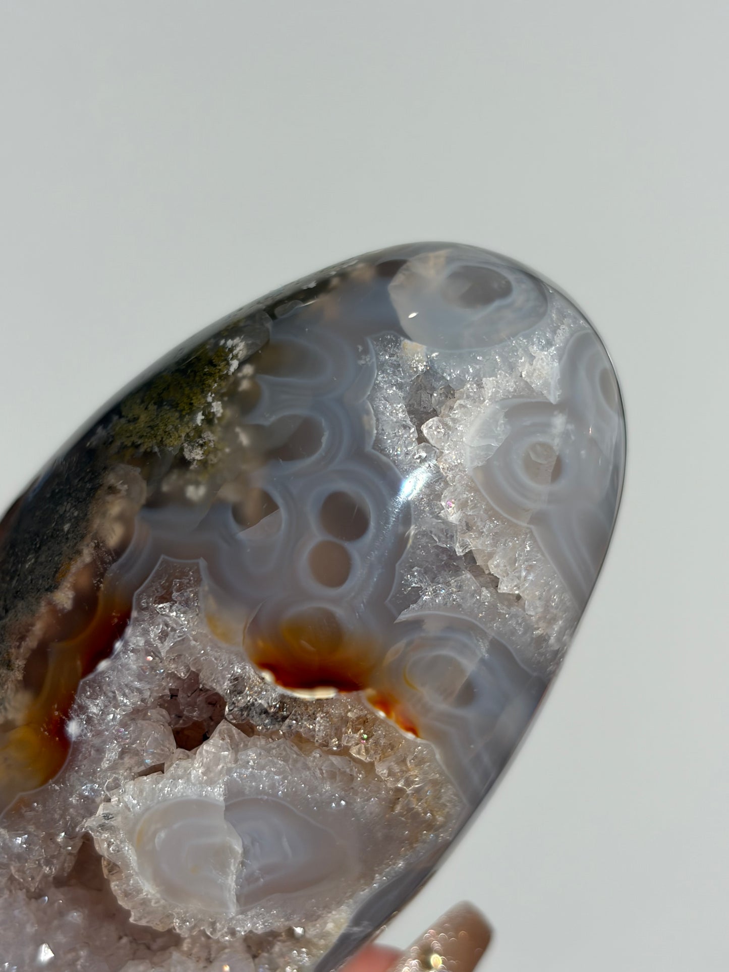 “Oracle” Jelly Orbicular Nebula Agate Egg Carving with Green Moss Inclusions